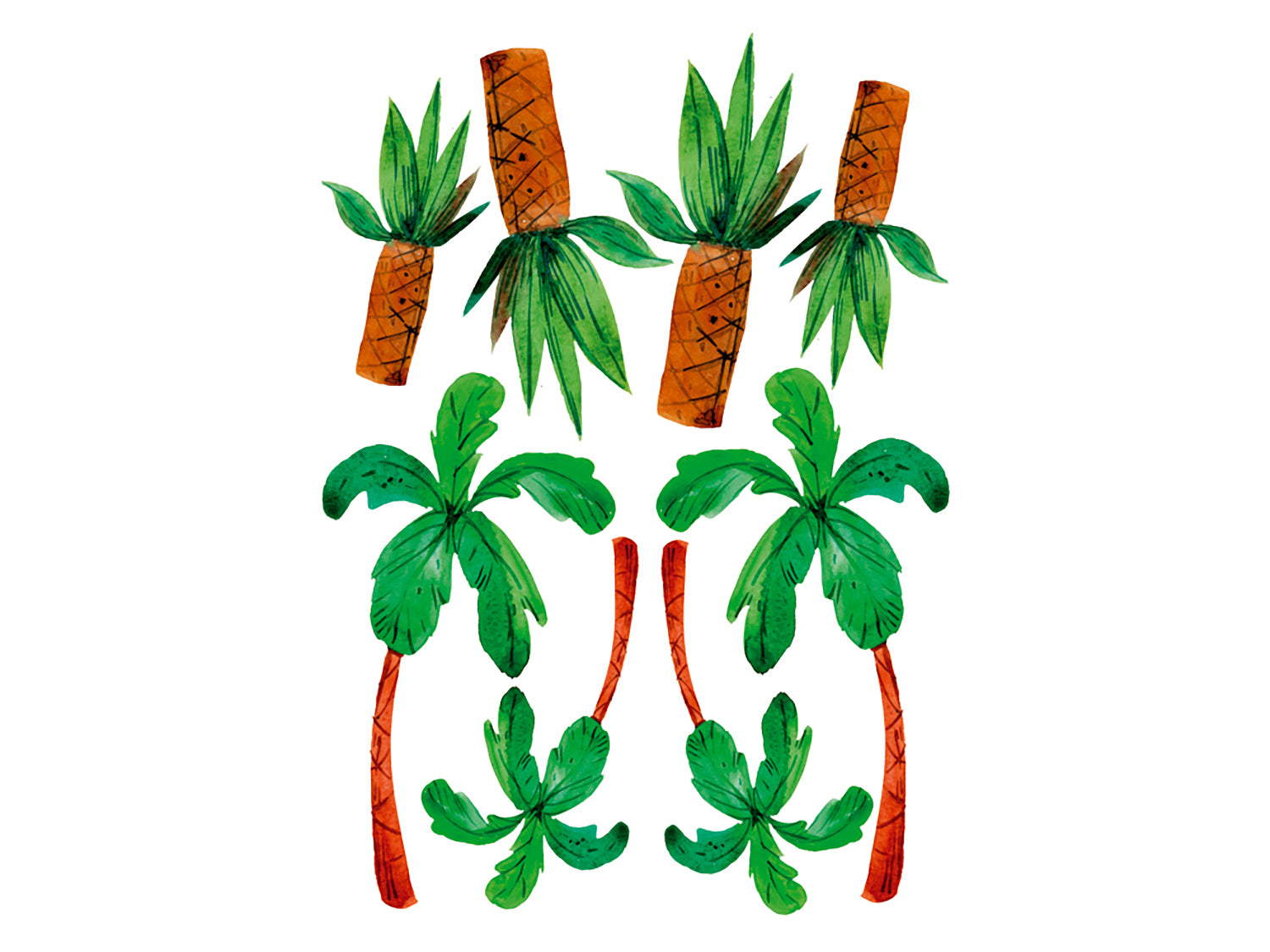 Grüne Palmen und Ananas in lebendigen Farben.