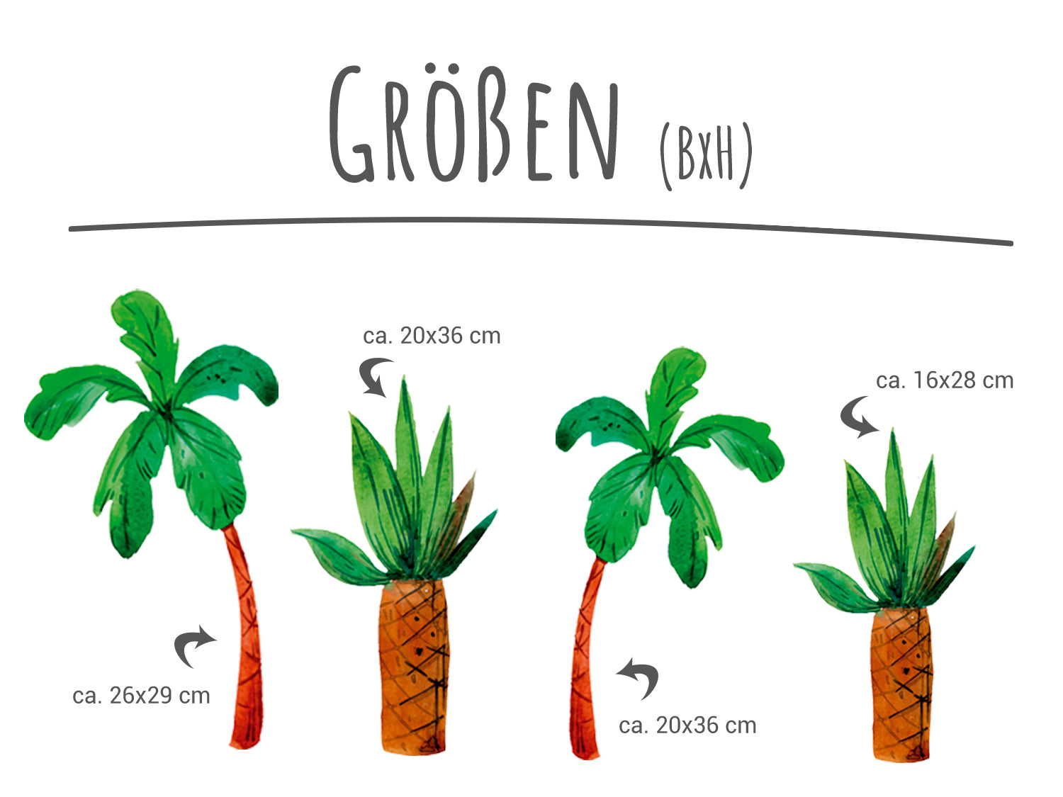 Grüne Palmenillustrationen in verschiedenen Größen und Formen.