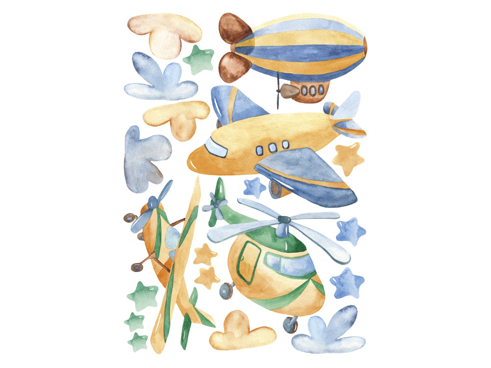 Bunte Flugzeuge und Luftschiffe in Aquarell-Design.
