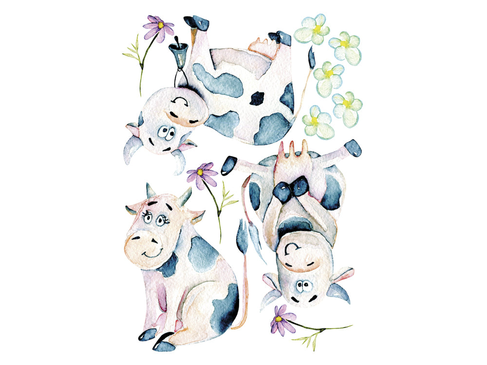 Bunte Wasserfarbenkühe mit Blumenmotiven.