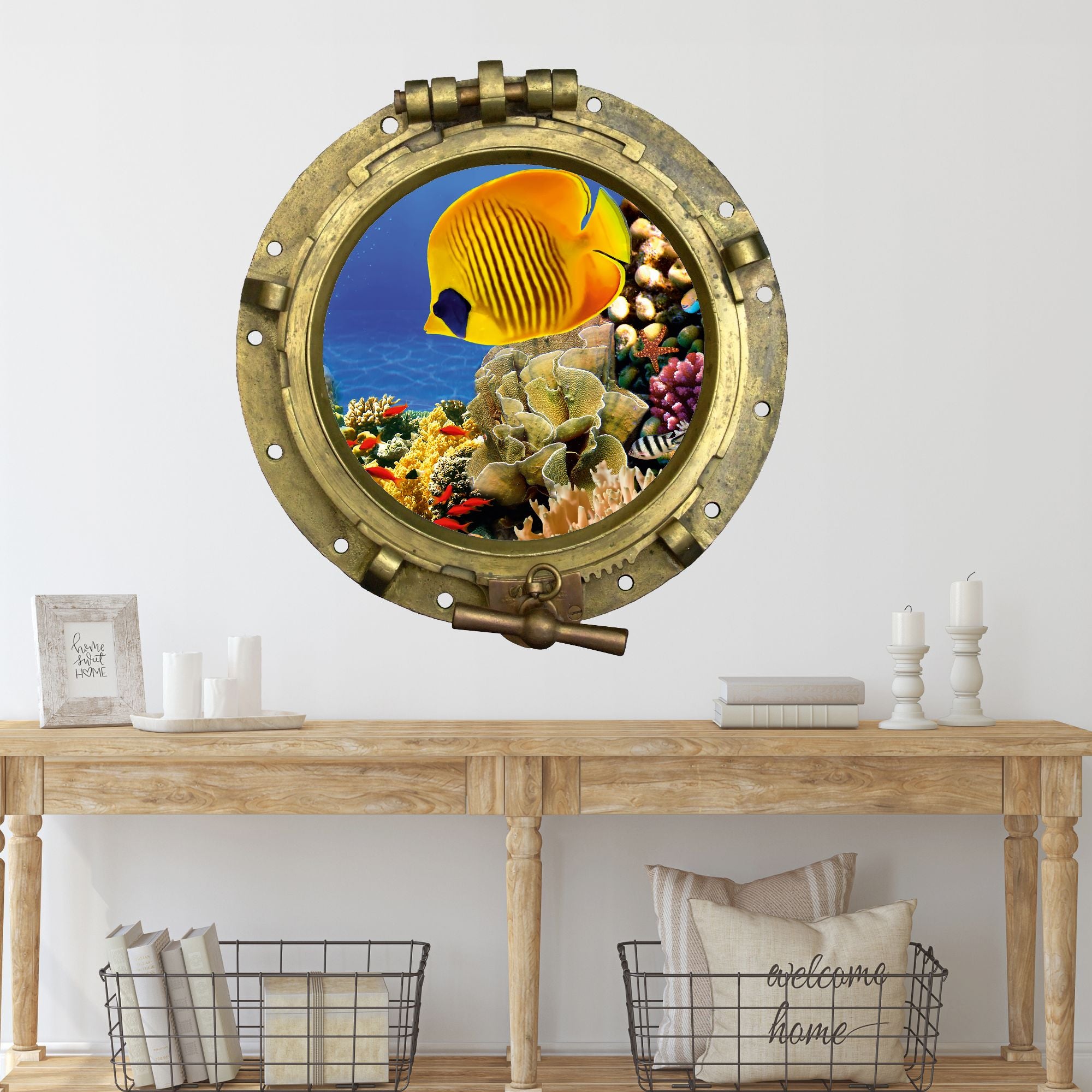 Wandtattoo Bullauge mit Korallenriff & Tropenfisch