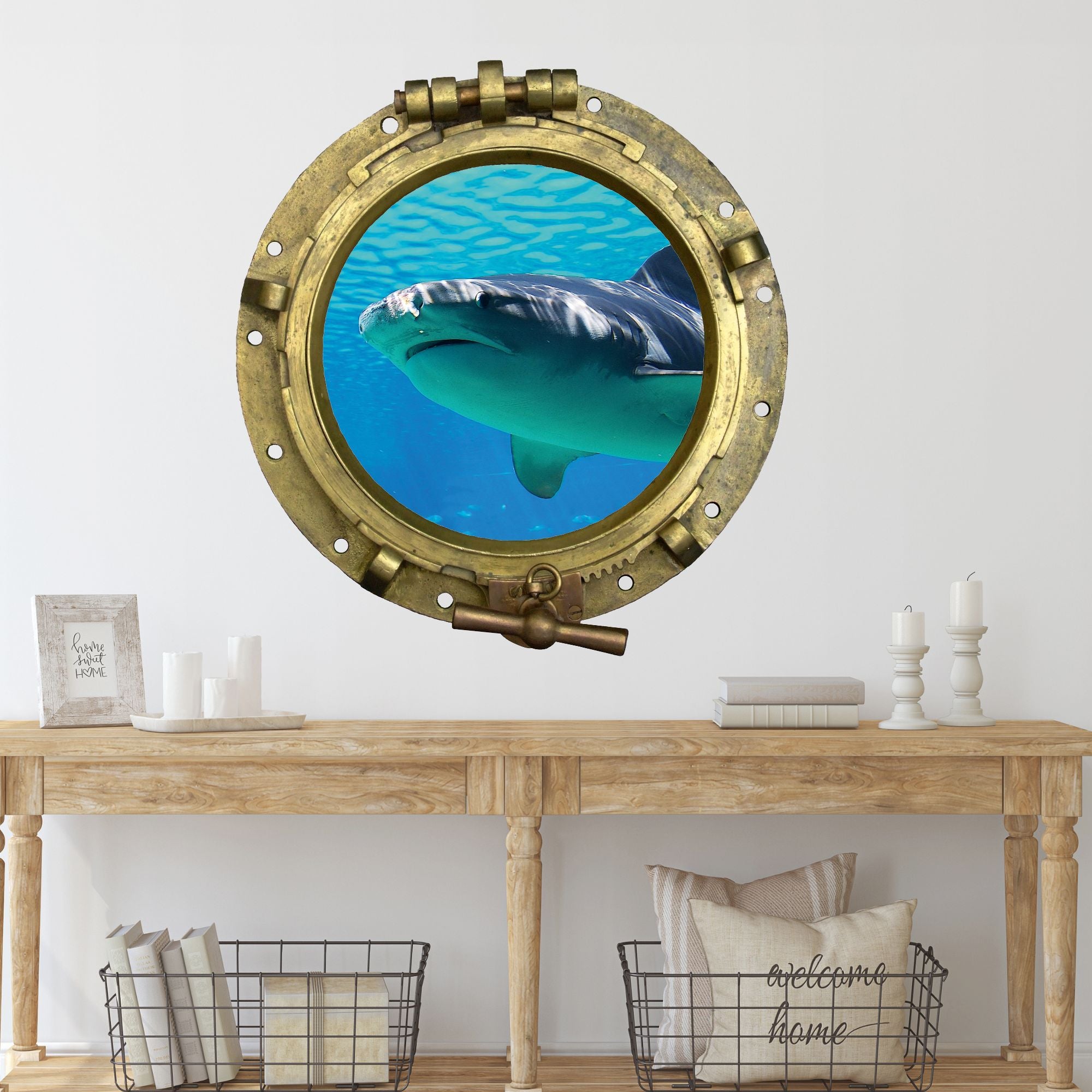 Wandtattoo Bullauge mit Hai – 3D Unterwasser-Effekt