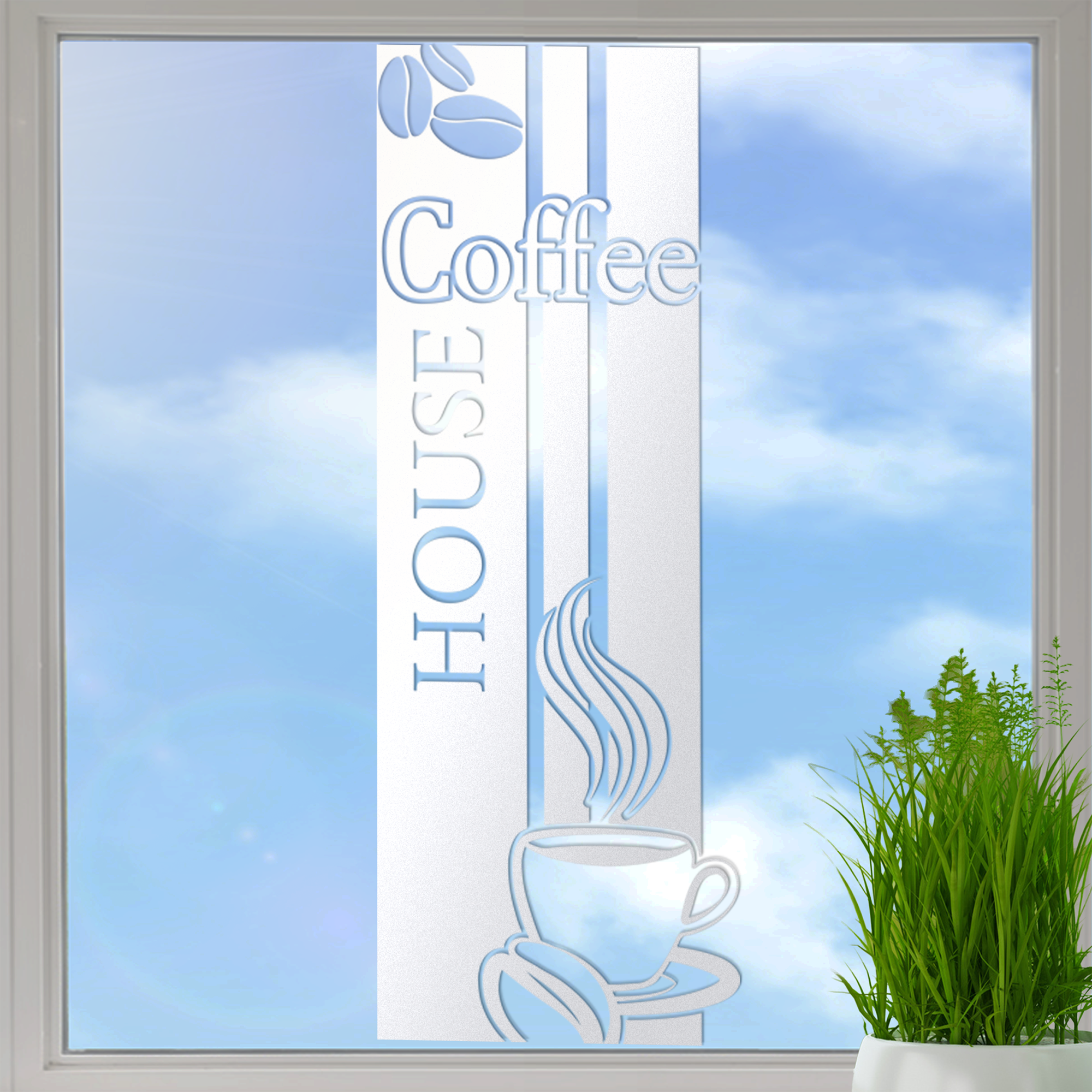 Kaffeetasse und Schriftzug „Coffee House“ in Blau.