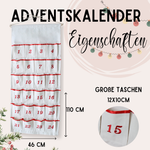 Weißer Adventskalender mit roten Zahlen und großen Taschen.