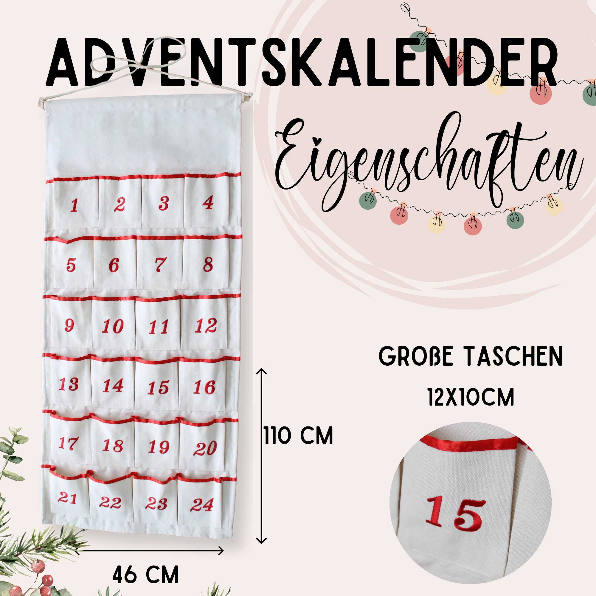 Weißer Adventskalender mit roten Zahlen und großen Taschen.