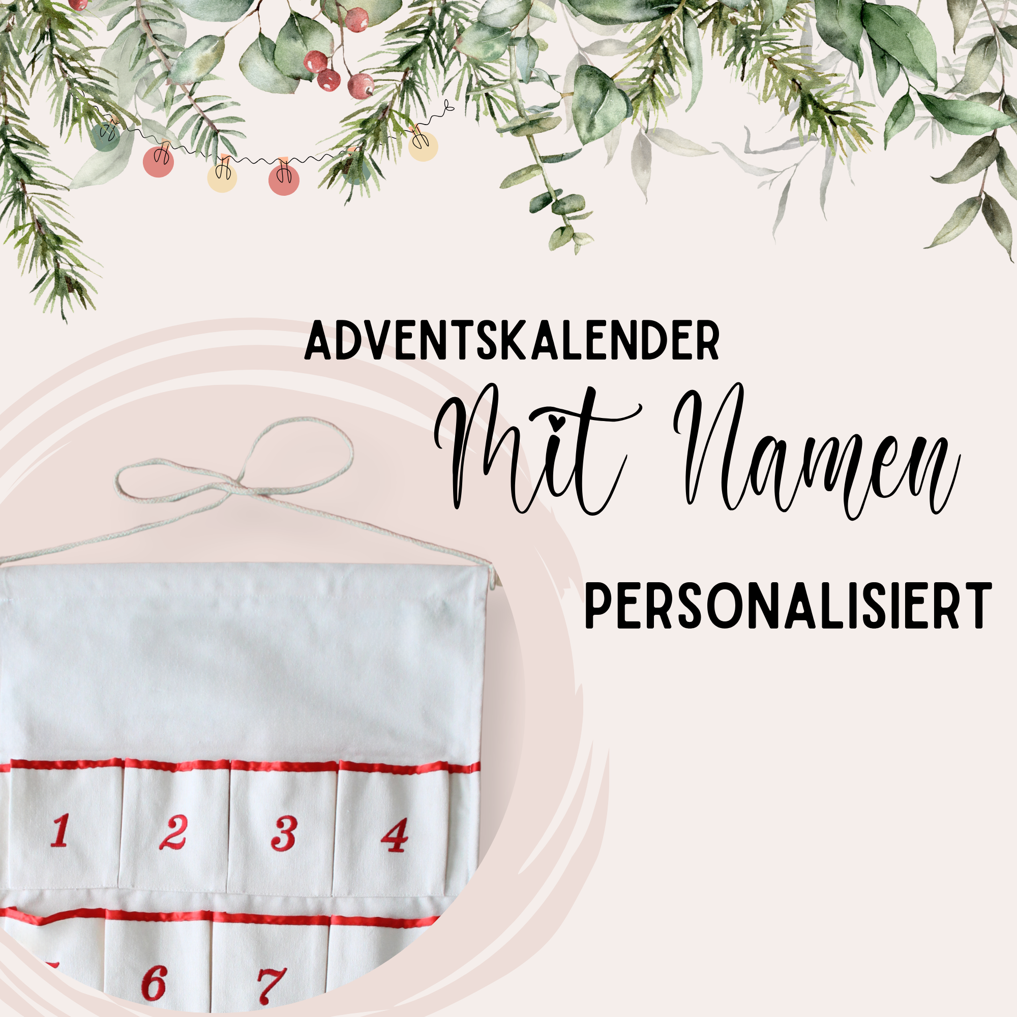 Personalisierter Adventskalender in Weiß mit roten Zahlen.