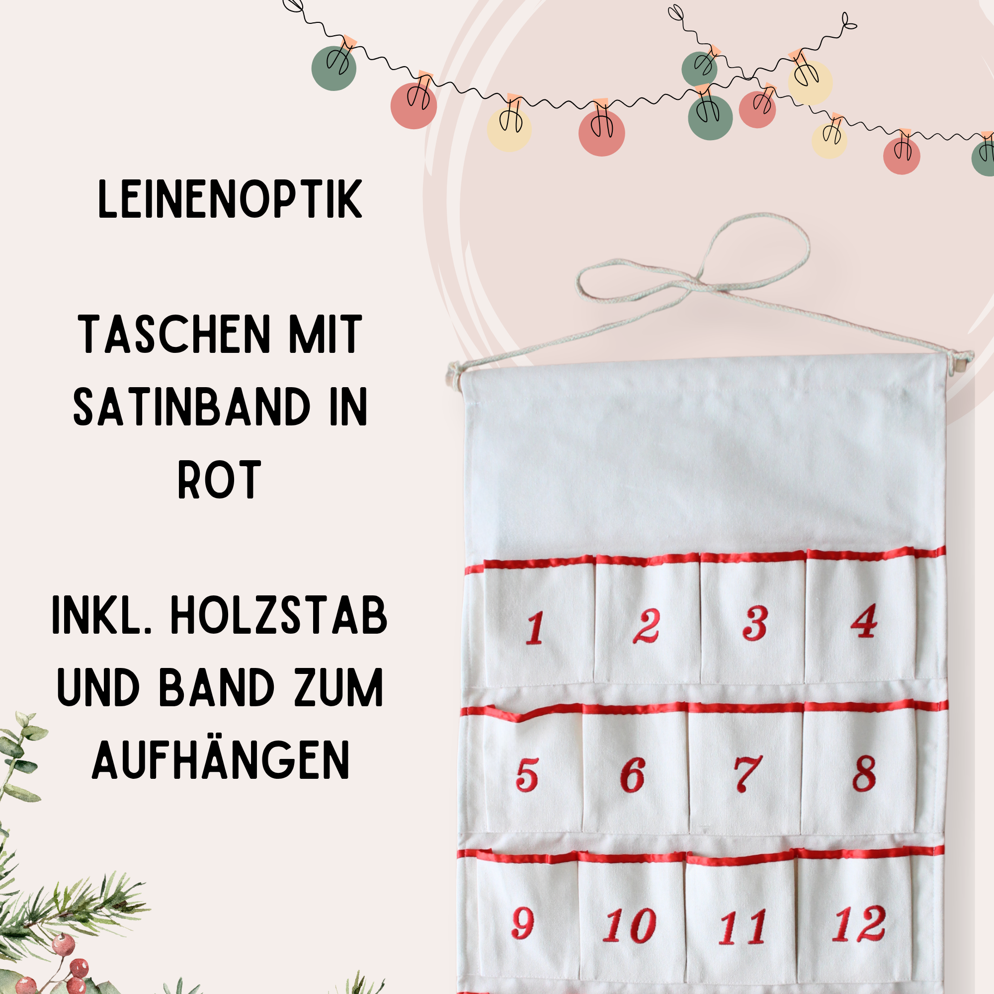 Leinenoptik Taschen mit rotem Satinband, inkl. Holzstab.