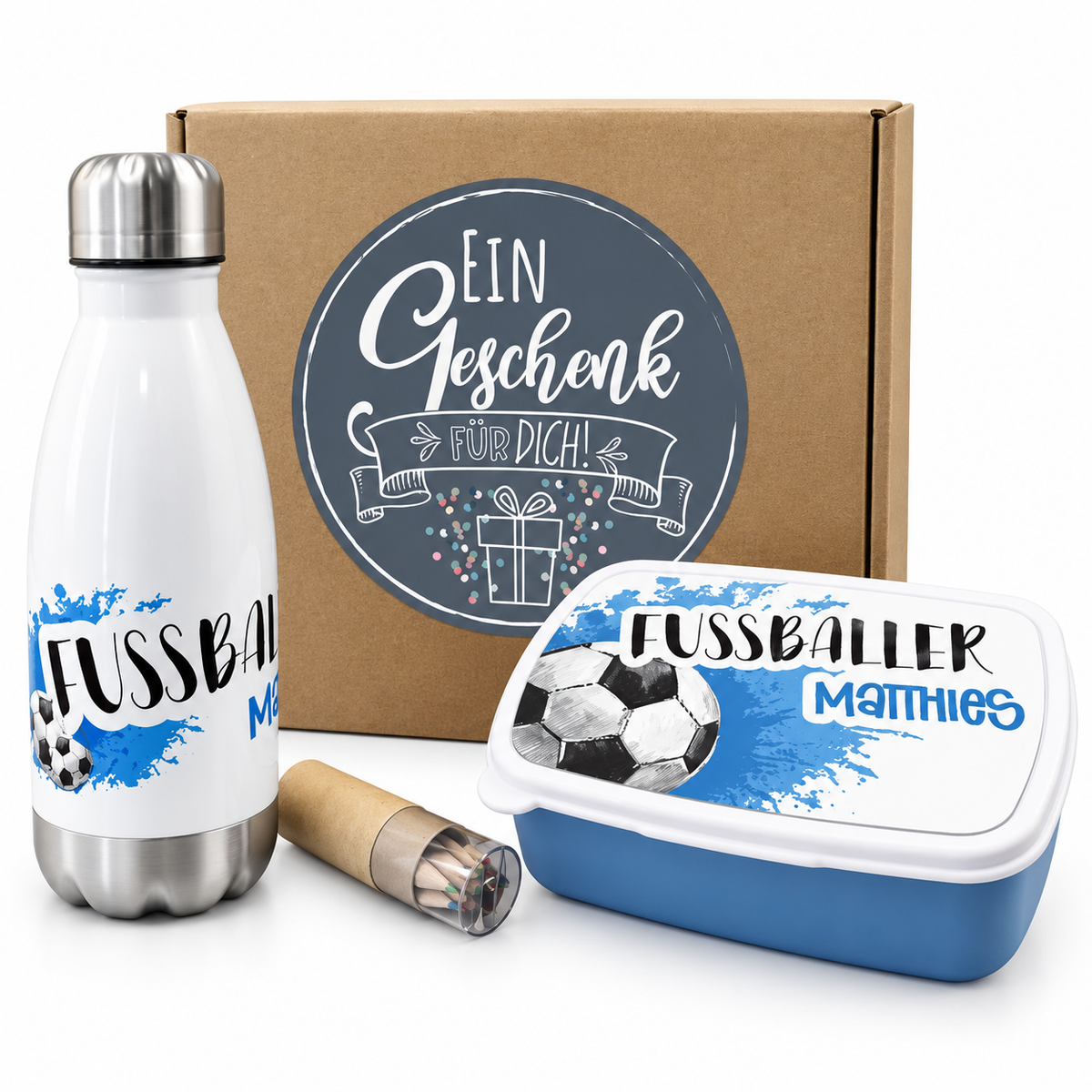 Personalisiertes Geschenkset Fußballer mit Brotdose, Trinkflasche und Geschenkbox