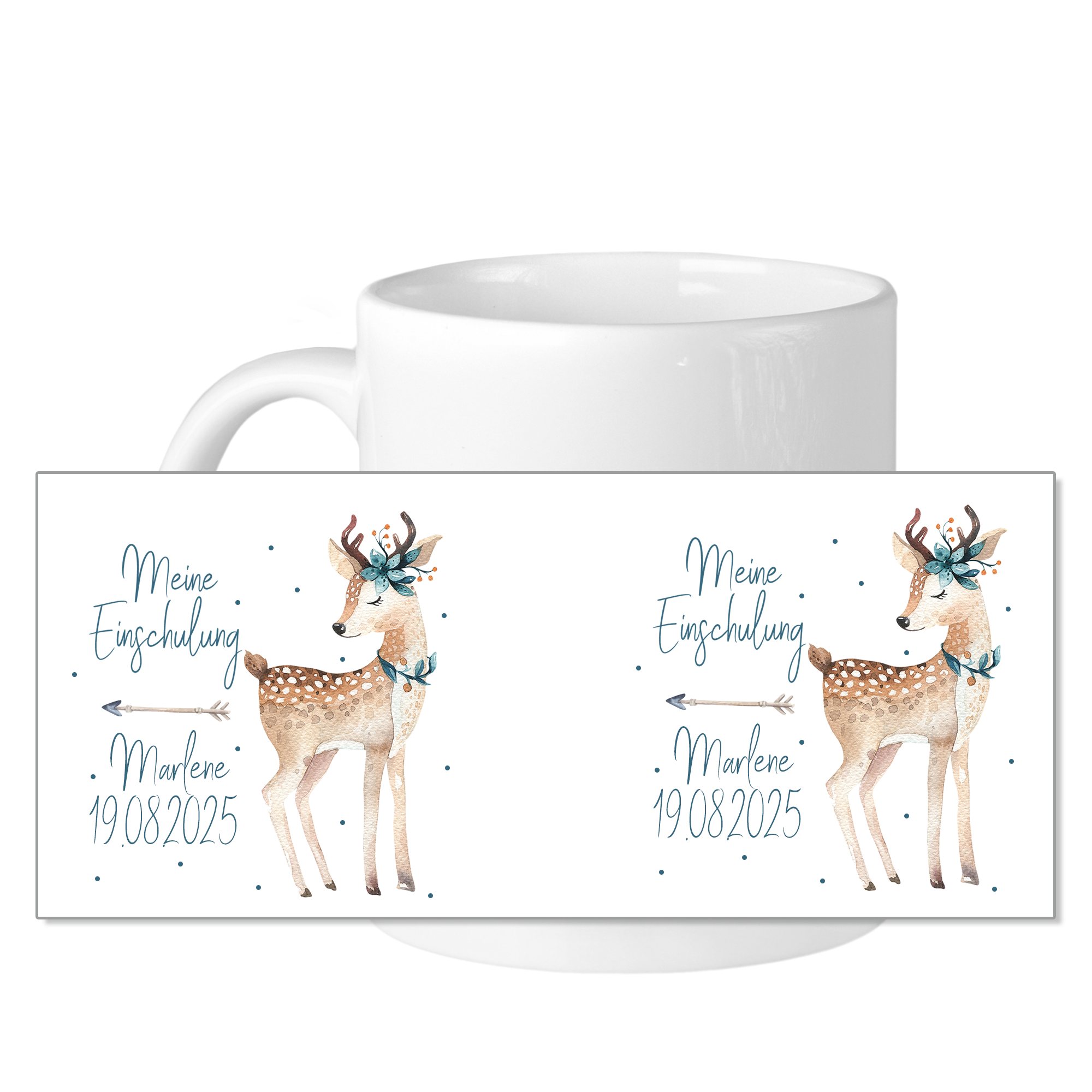 Personalisierte Tasse „Meine Einschulung“ mit Reh & Wunschdaten