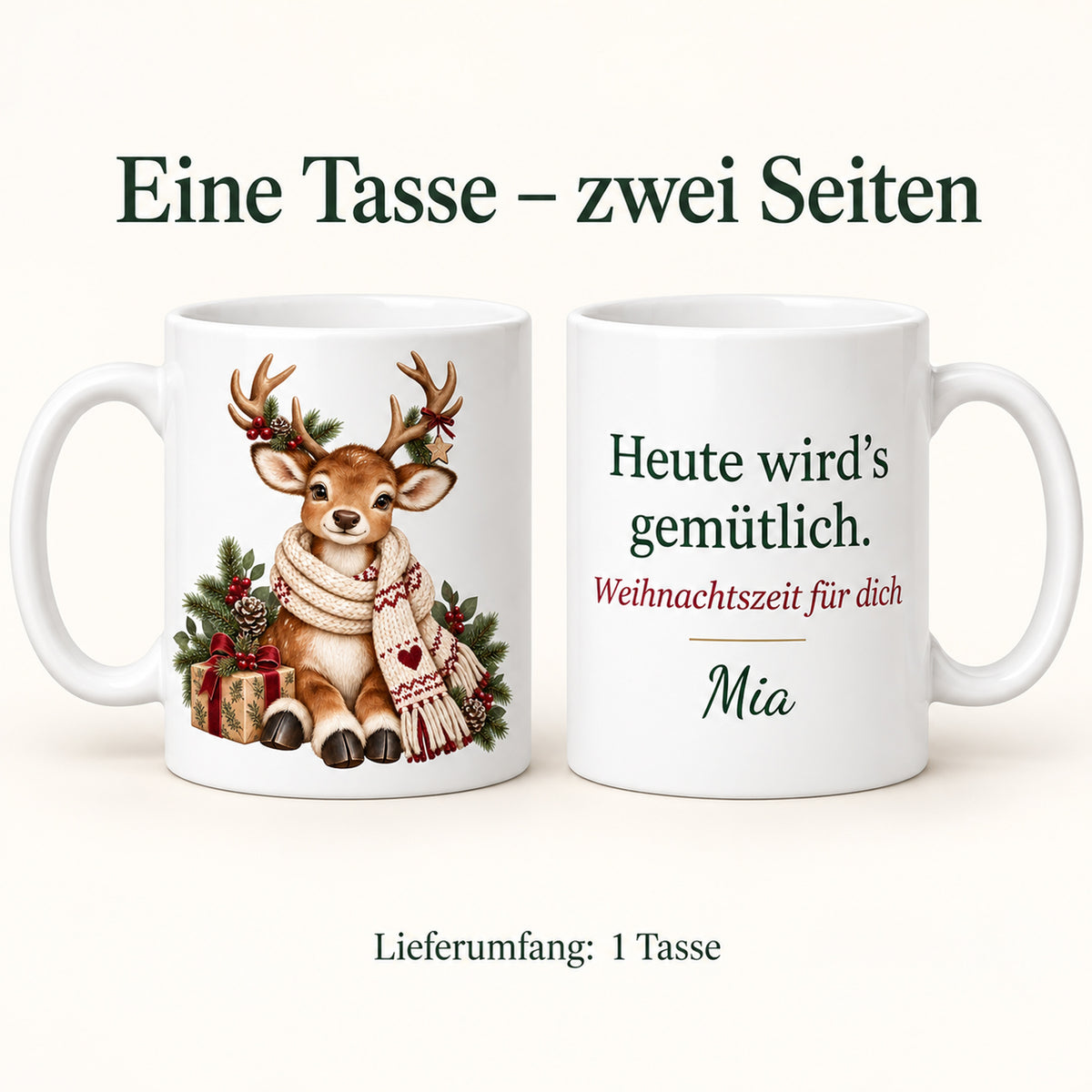 Personalisierte Weihnachtstasse mit Name – Rentier – Ansicht 6