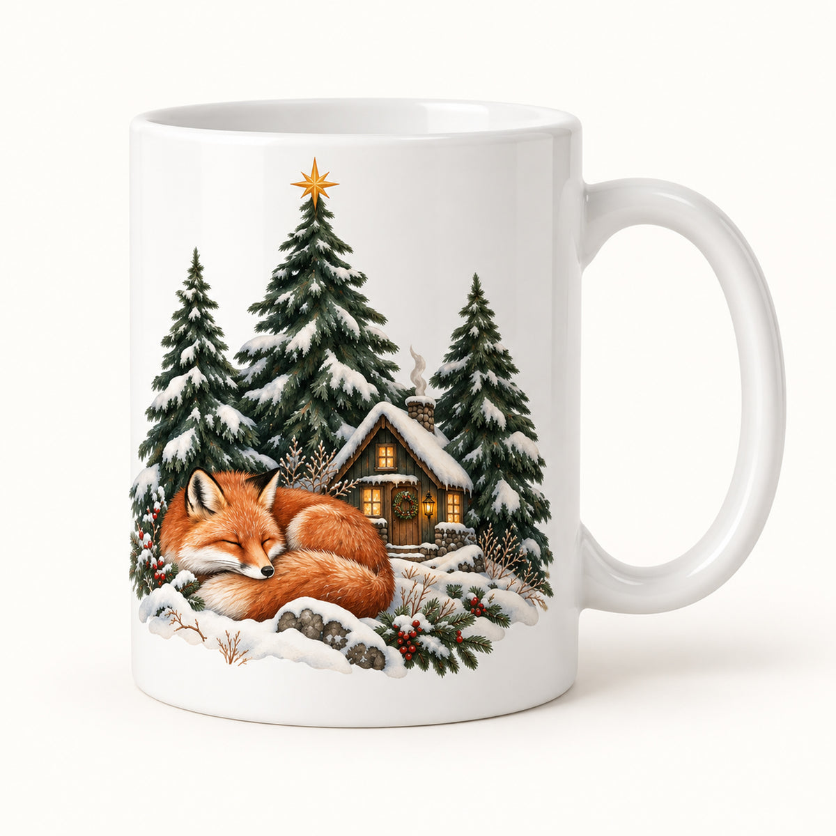 Personalisierte Weihnachtstasse mit Name – Winterwald mit Fuchs – Ansicht 1