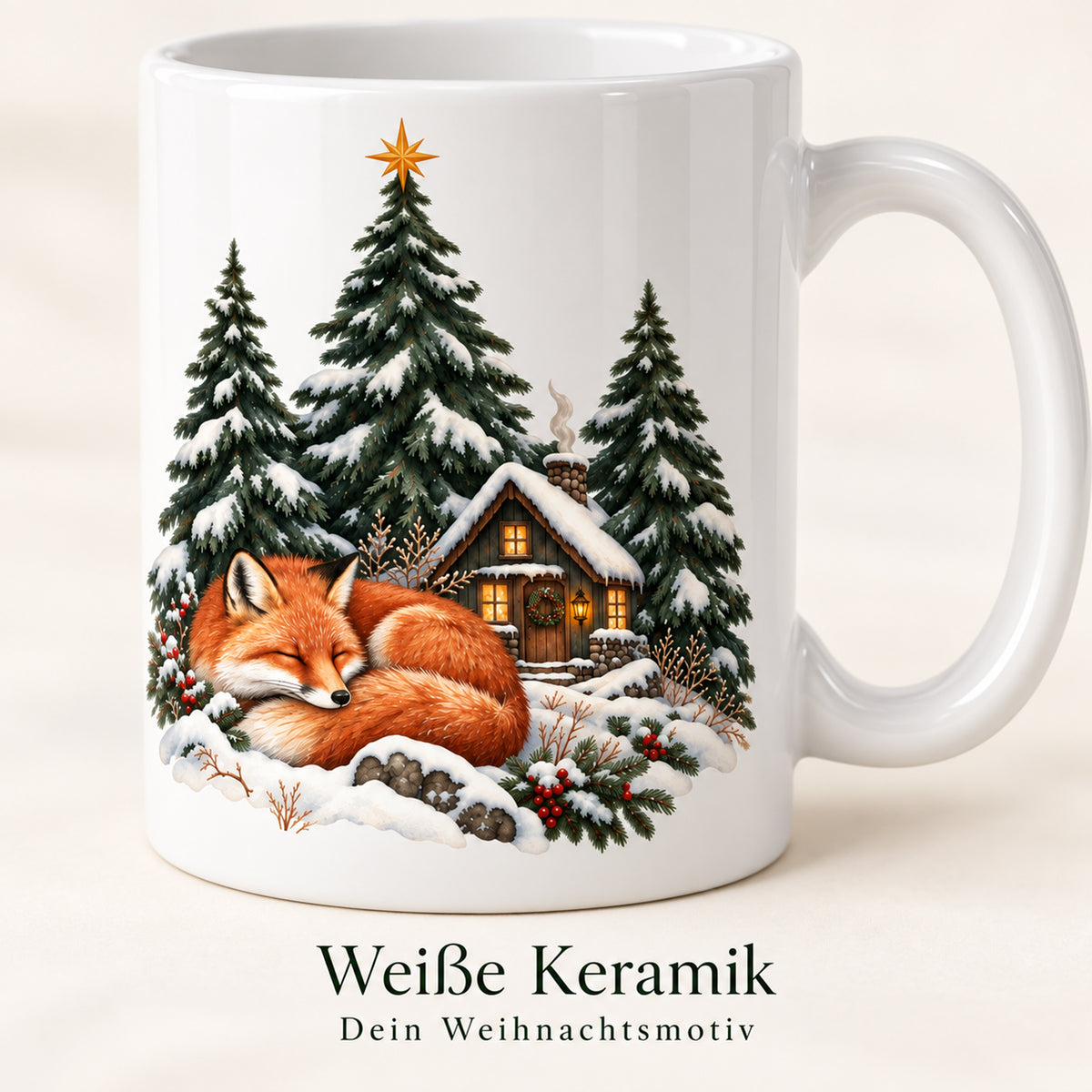 Personalisierte Weihnachtstasse mit Name – Winterwald mit Fuchs – Ansicht 4