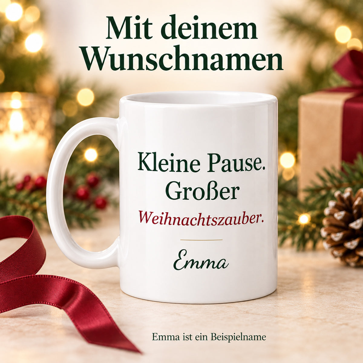Personalisierte Weihnachtstasse mit Name – Winterwald mit Fuchs – Ansicht 5