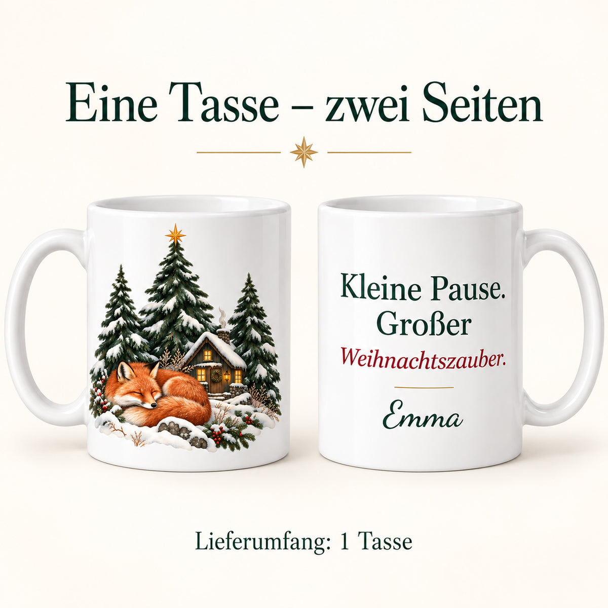 Personalisierte Weihnachtstasse mit Name – Winterwald mit Fuchs – Ansicht 6