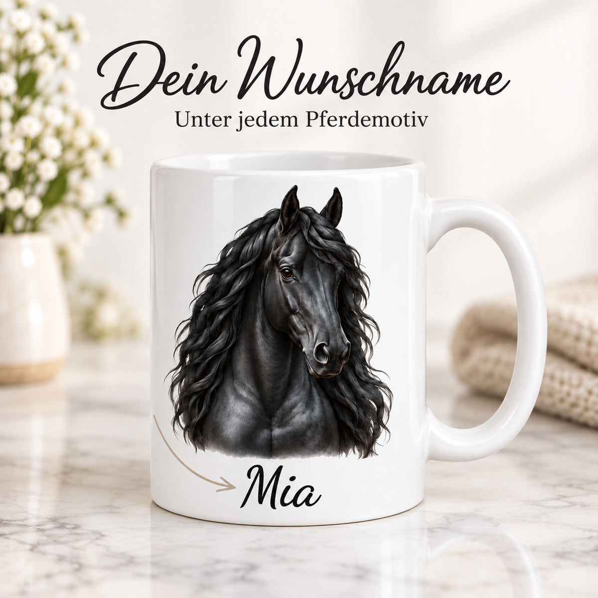 Personalisierte Pferdetasse mit Name – Schwarzer Friese – Ansicht 5