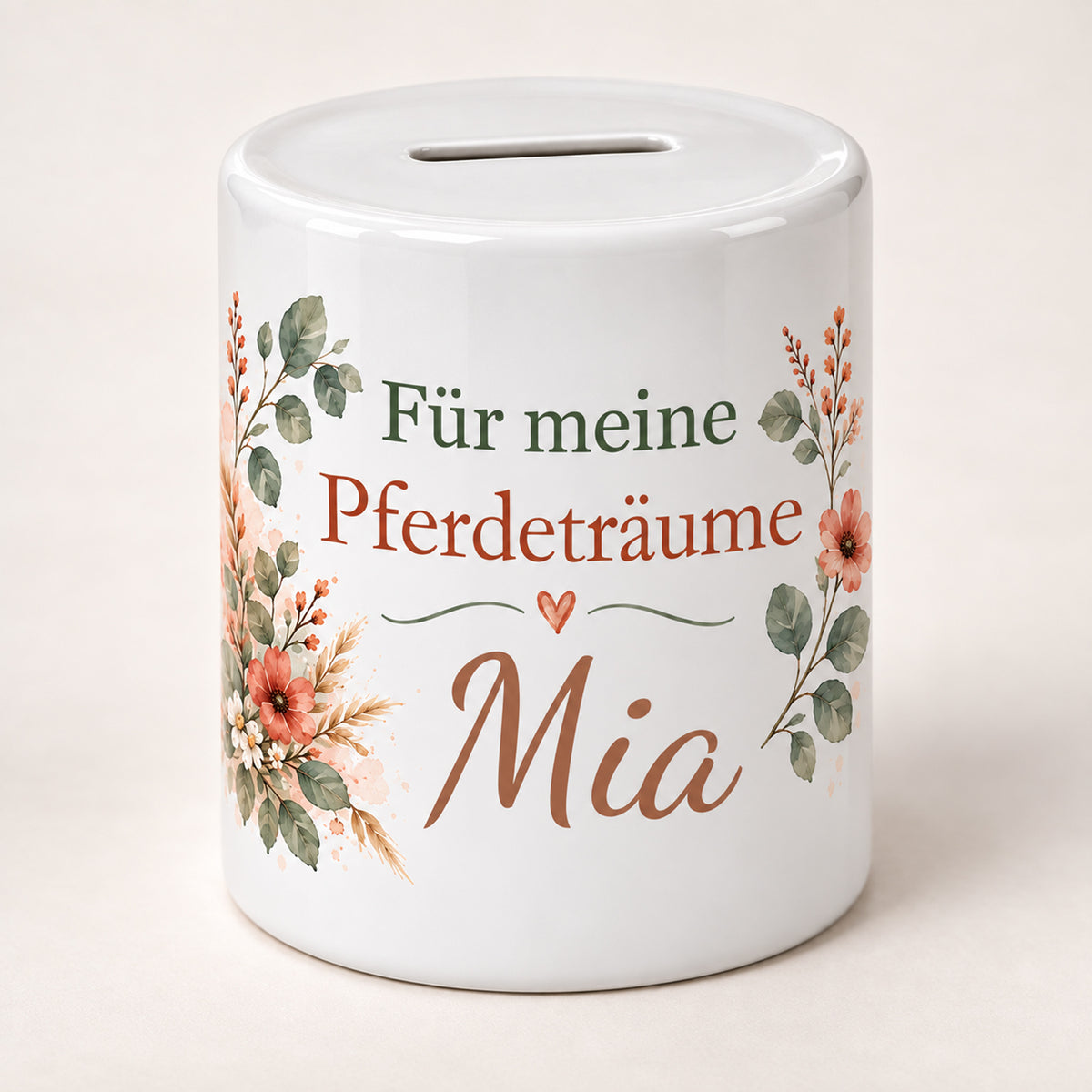 Spardose Pferd mit Namen – Für meine Pferdeträume – Spruchseite mit Beispielname Mia