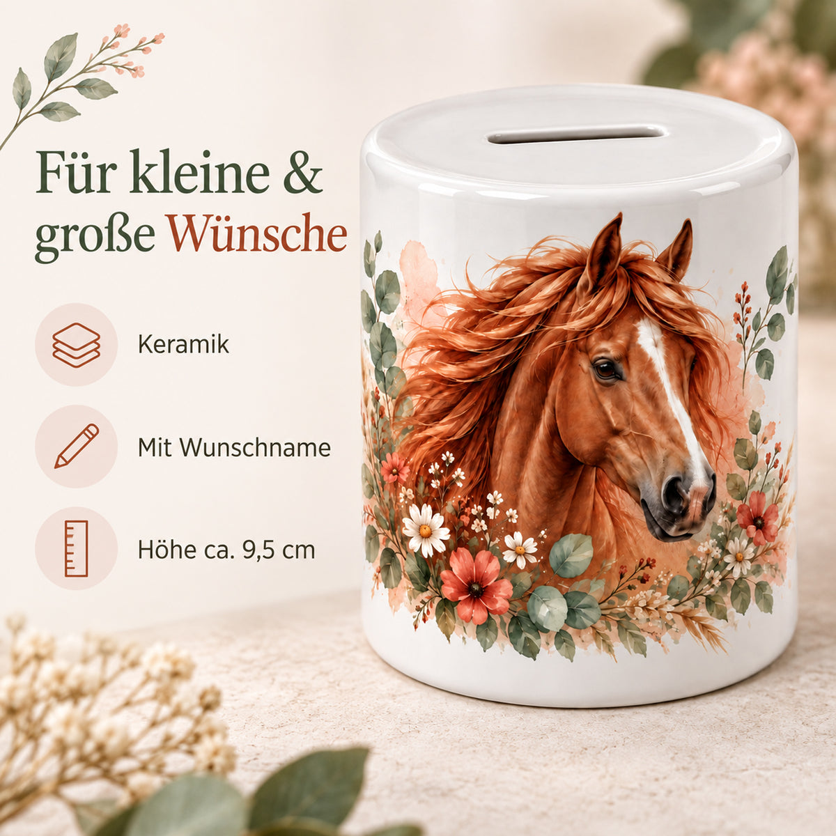 Spardose Pferd mit Namen – Für meine Pferdeträume – Keramik, Wunschname und Größe