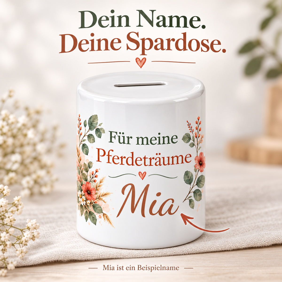 Spardose Pferd mit Namen – Für meine Pferdeträume – Personalisierung mit Mia
