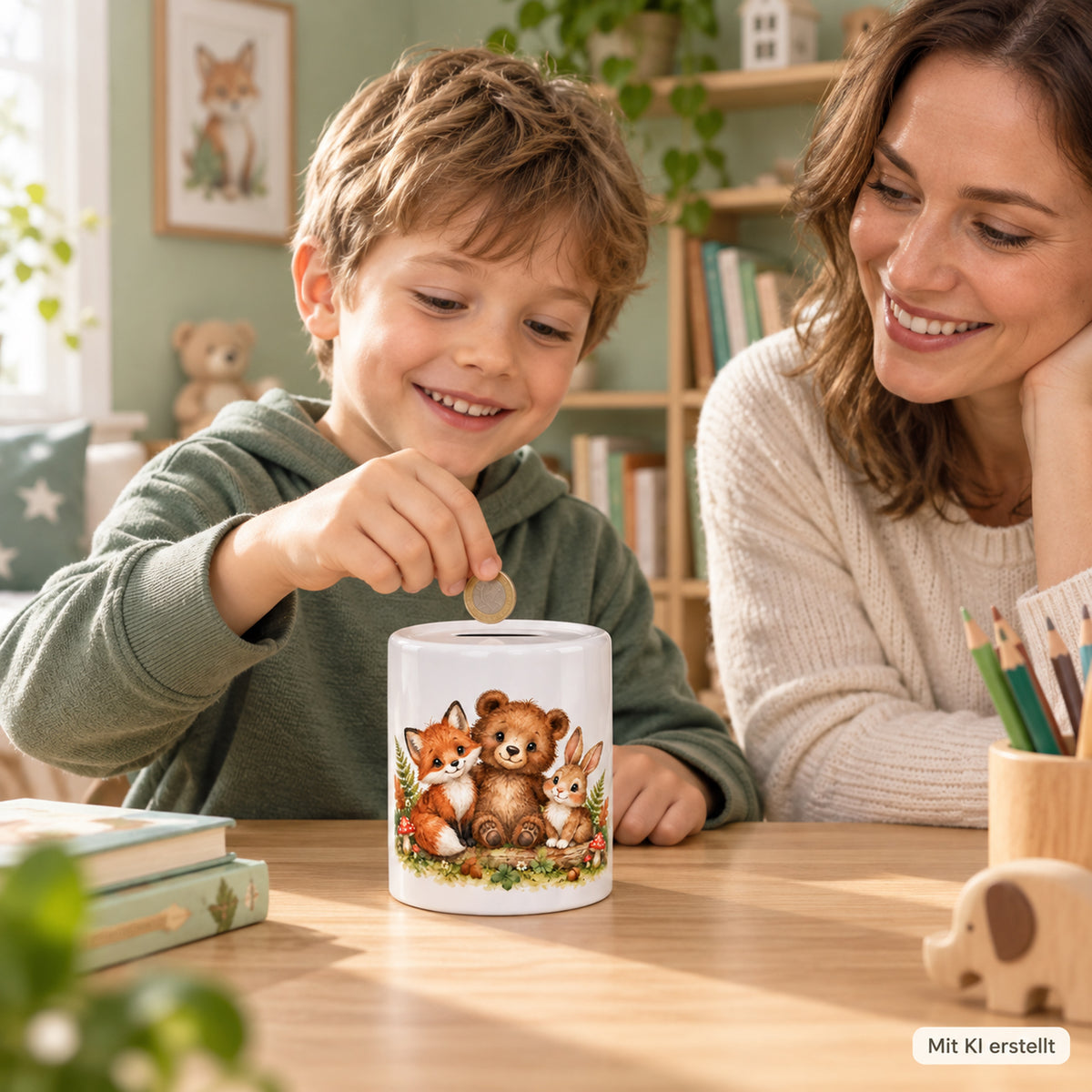 Spardose Waldtiere mit Namen – Kleine Schätze – beim Sparen, mit KI erstellt