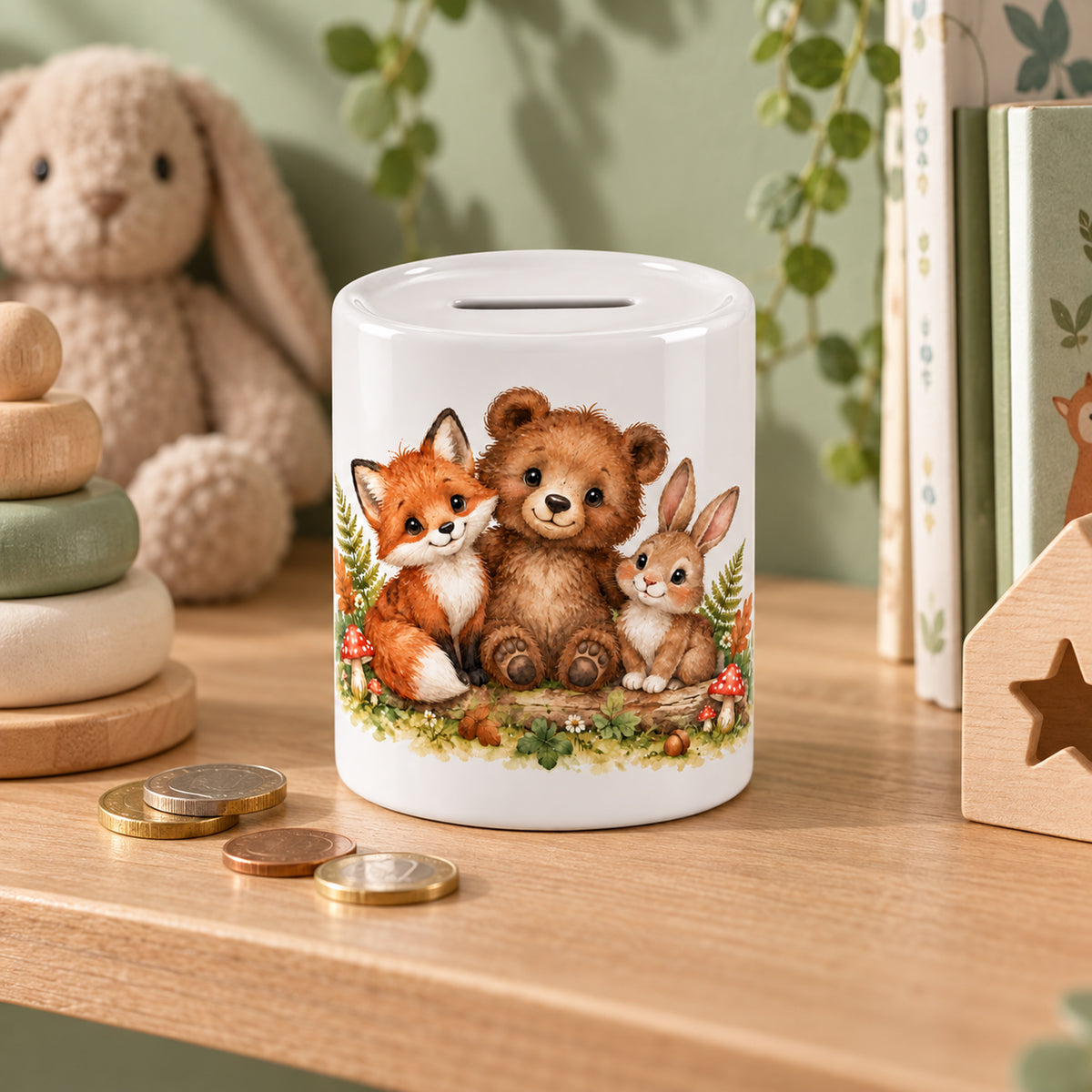 Spardose Waldtiere mit Namen – Kleine Schätze – Geschenkidee in passender Umgebung