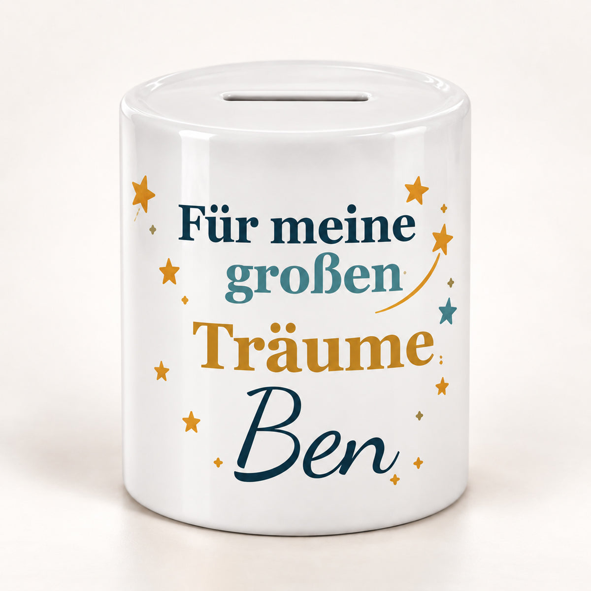 Spardose Rakete mit Namen – Für meine großen Träume – Spruchseite mit Beispielname Ben