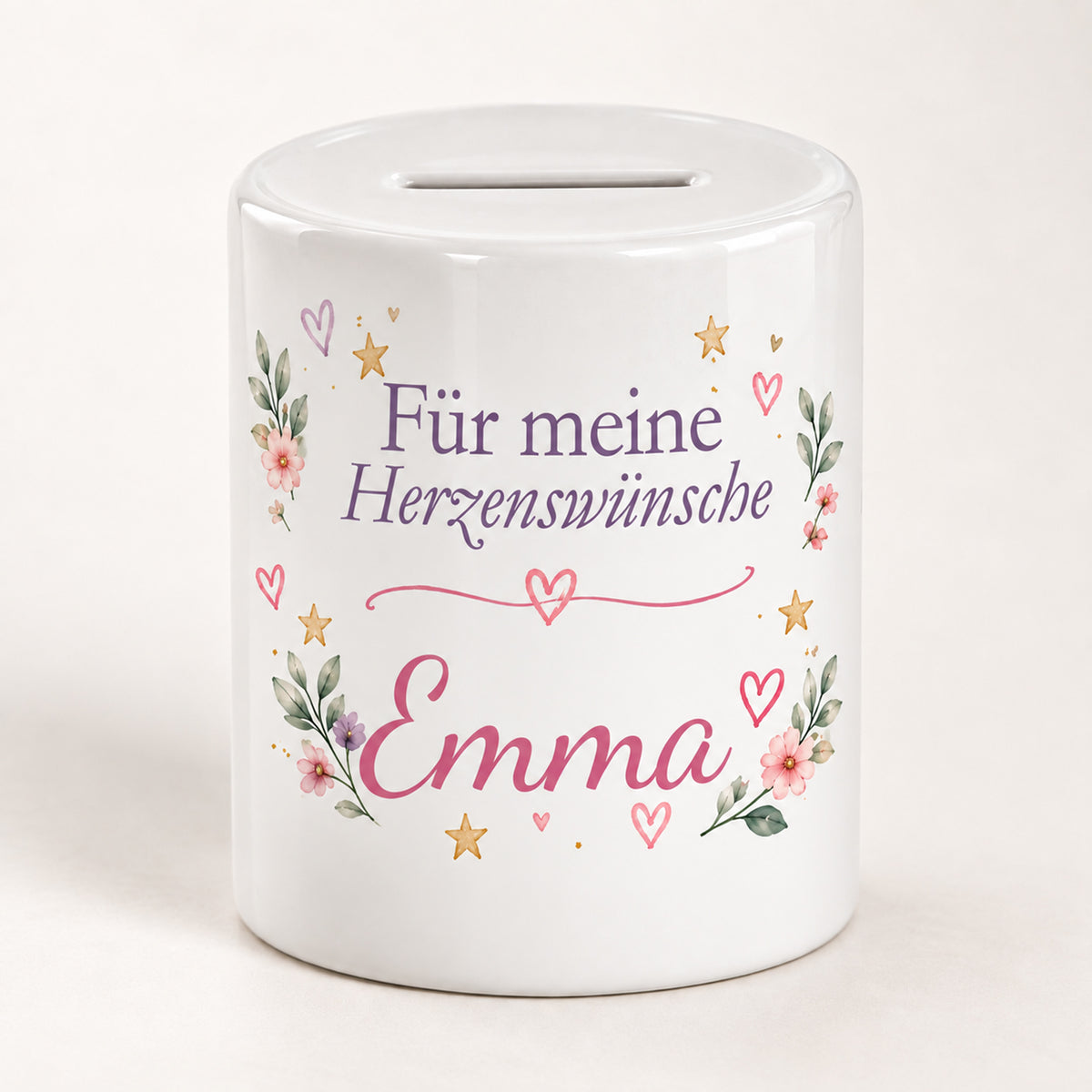 Spardose Einhorn mit Namen – Für meine Herzenswünsche – Spruchseite mit Beispielname Emma