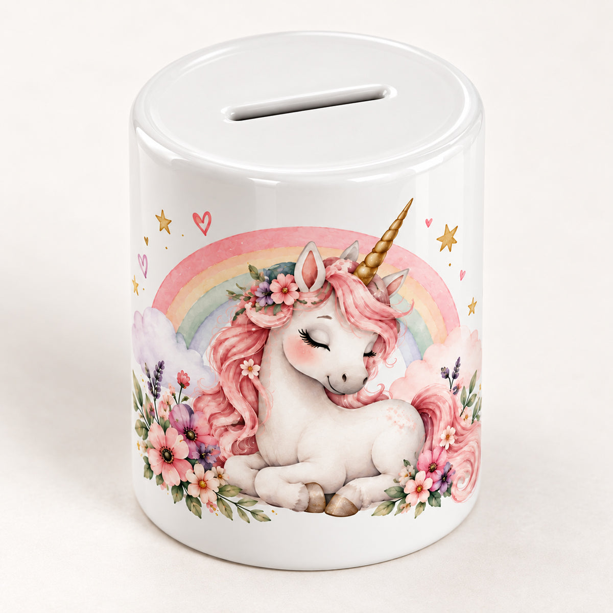 Spardose Einhorn mit Namen – Für meine Herzenswünsche – Schrägansicht