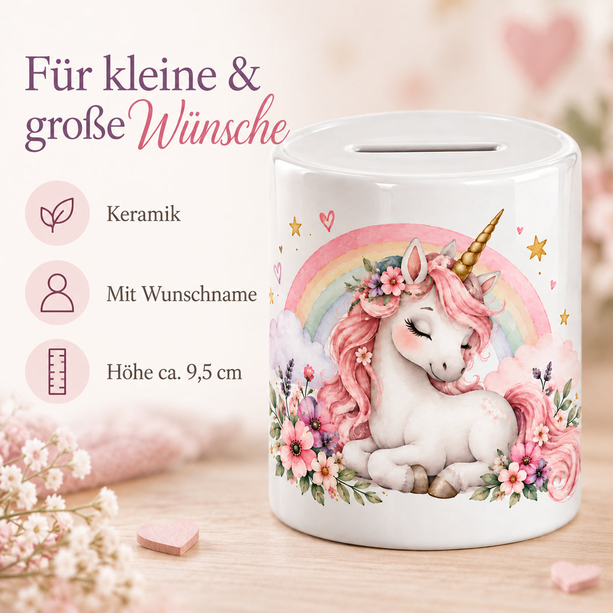 Spardose Einhorn mit Namen – Für meine Herzenswünsche – Keramik, Wunschname und Größe