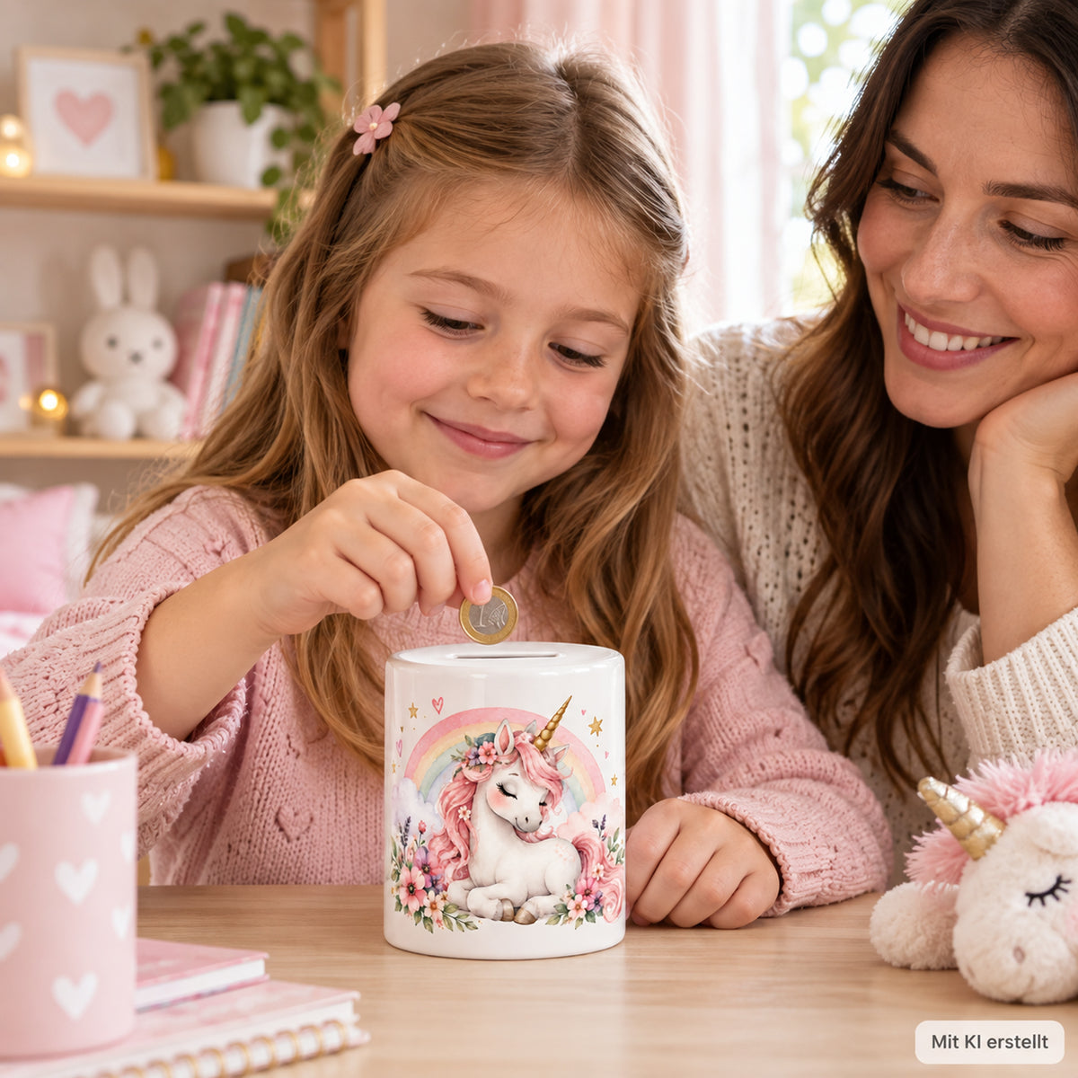Spardose Einhorn mit Namen – Für meine Herzenswünsche – beim Sparen, mit KI erstellt