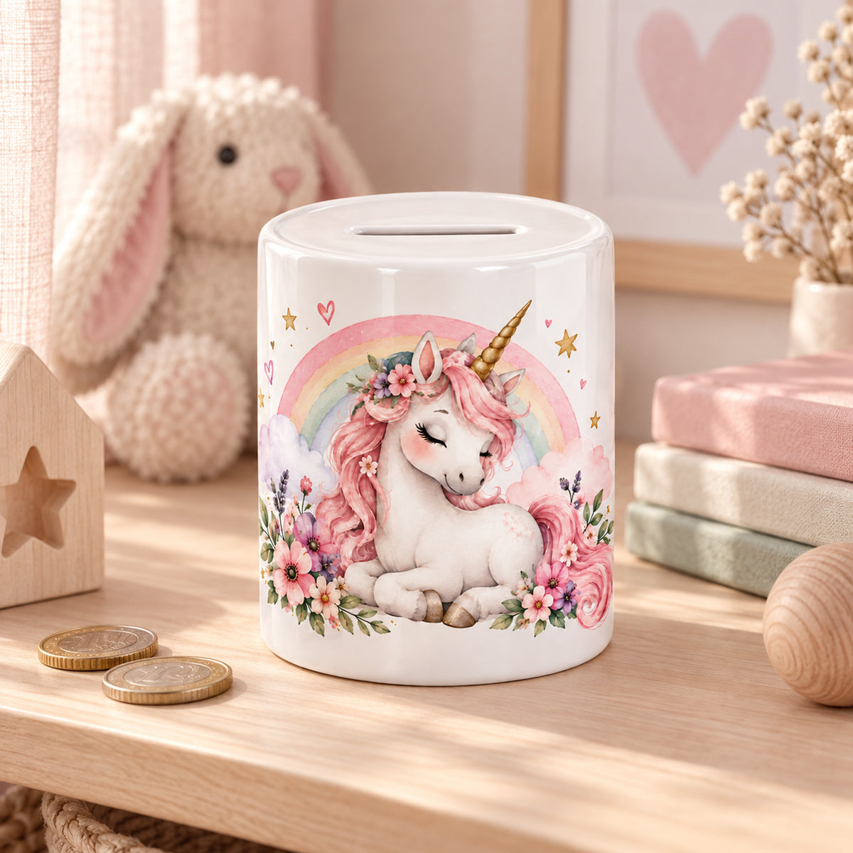 Spardose Einhorn mit Namen – Für meine Herzenswünsche – Geschenkidee in passender Umgebung
