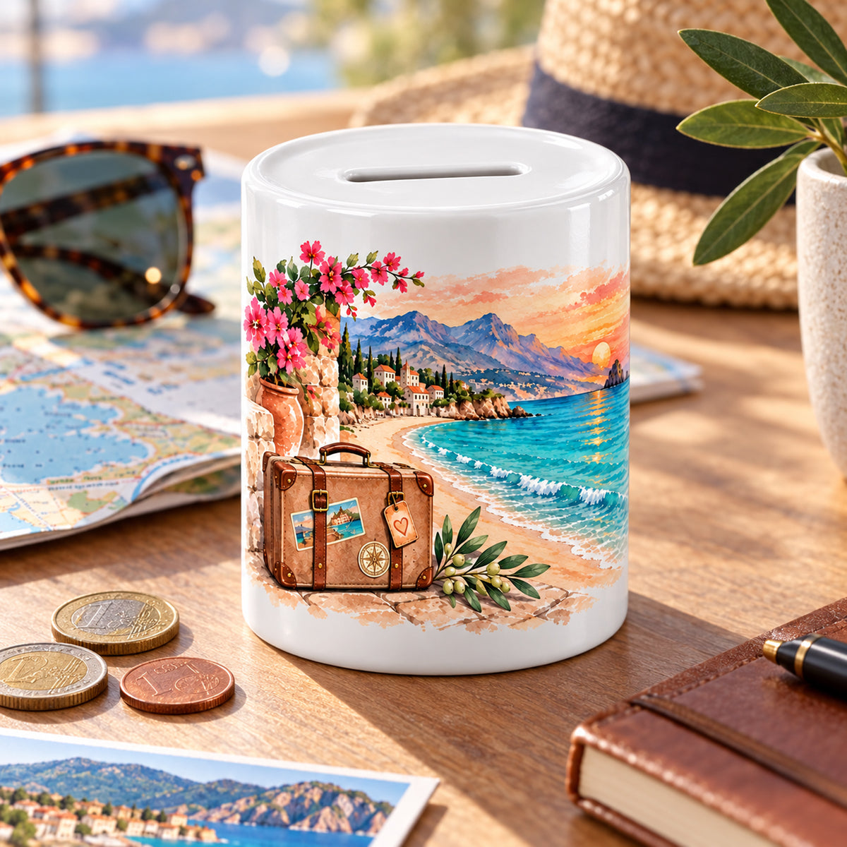 Spardose Urlaub mit Namen – Für mein nächstes Abenteuer – Geschenkidee in passender Umgebung