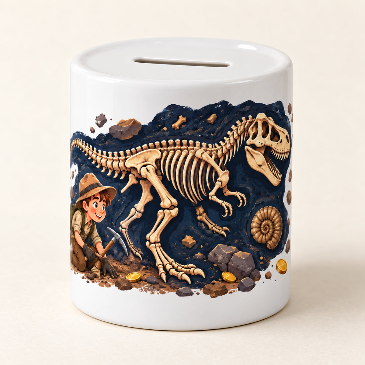 Dino-Spardose mit Namen – Fossilien-Fund – Motivseite