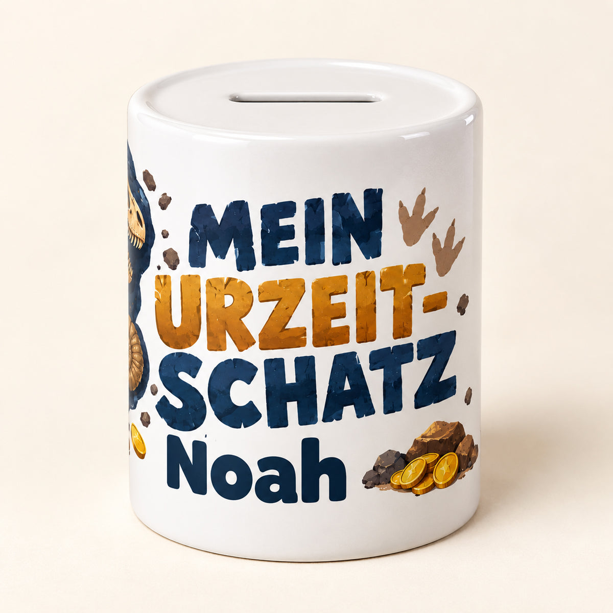 Dino-Spardose mit Namen – Fossilien-Fund – Spruchseite mit Noah