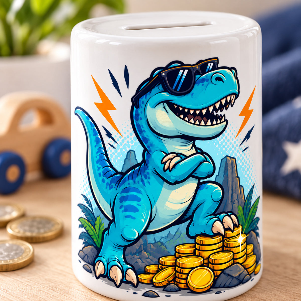 Dino-Spardose mit Namen – Comic-Dino – Motivdetail
