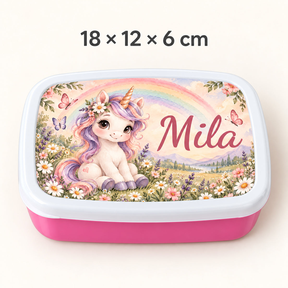 Personalisierte rosa Brotdose Einhorn im Regenbogengarten mit Beispielname Mila: Motivdetail und Maße