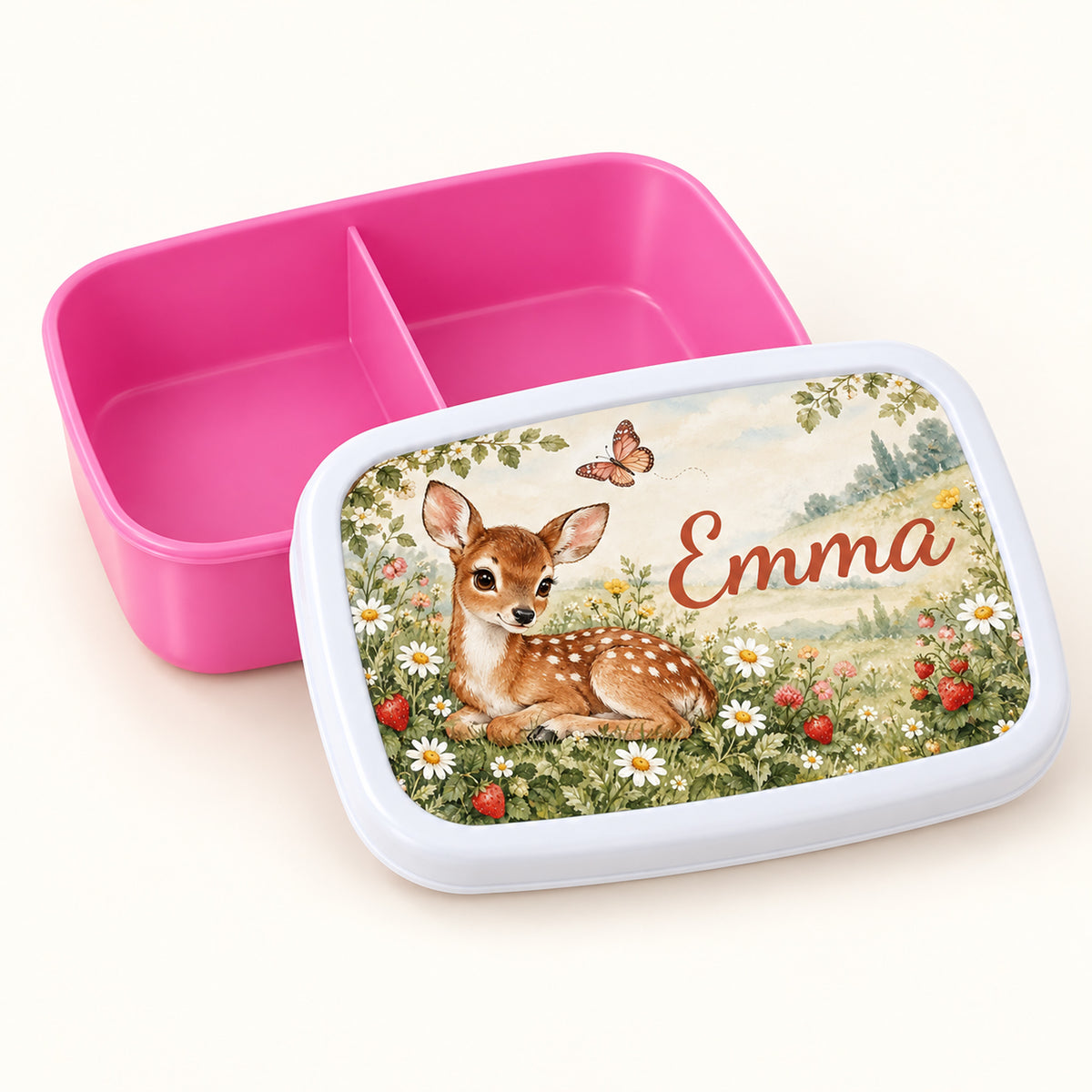 Personalisierte rosa Brotdose Rehkitz auf der Blumenwiese mit Beispielname Emma: Deckel und Innenaufteilung