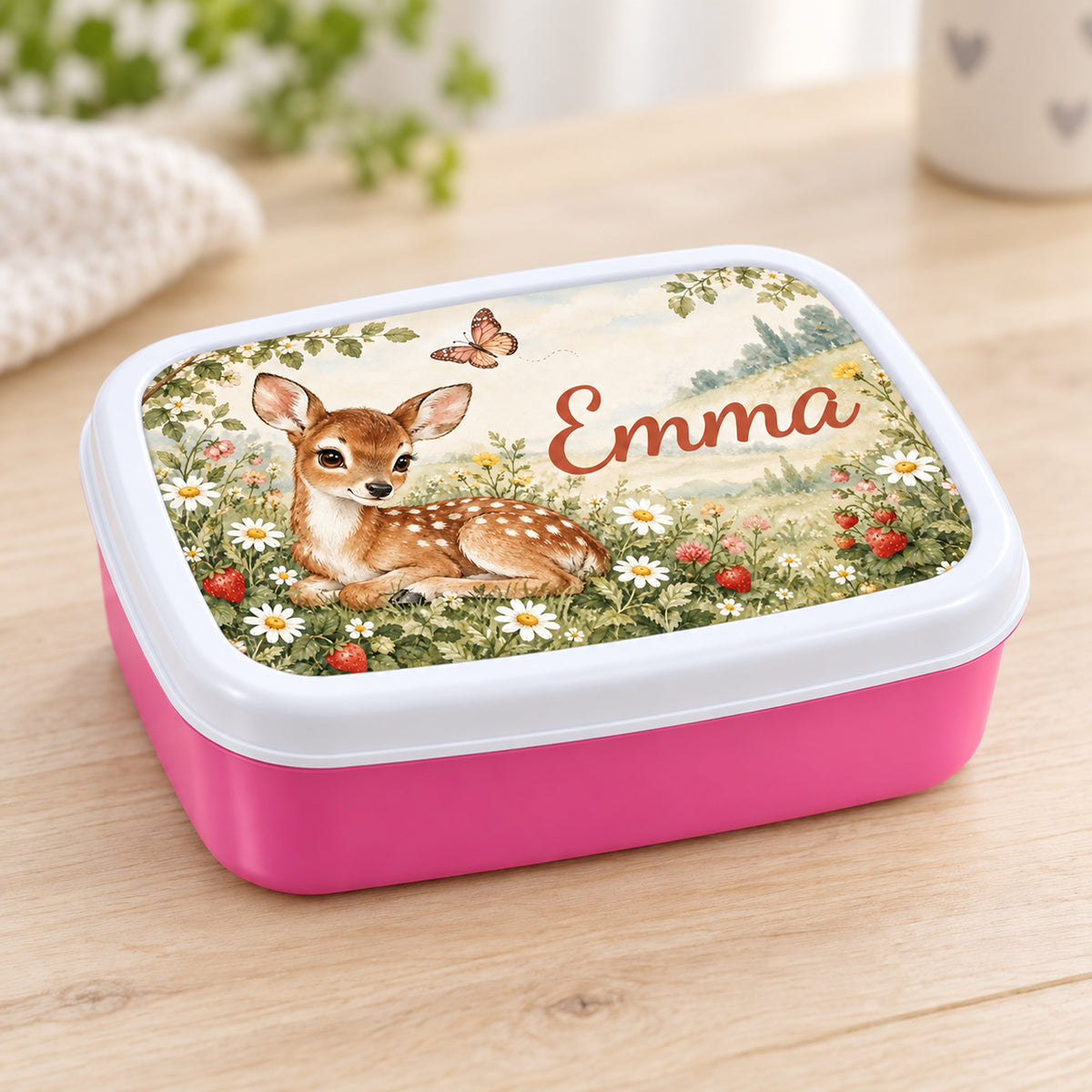 Personalisierte rosa Brotdose Rehkitz auf der Blumenwiese mit Beispielname Emma: Schrägansicht