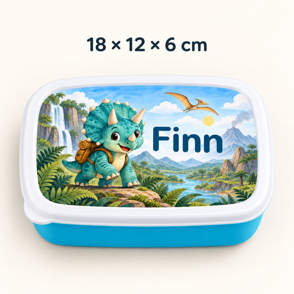 Personalisierte blaue Brotdose Dino-Entdecker mit Beispielname Finn: Motivdetail und Maße