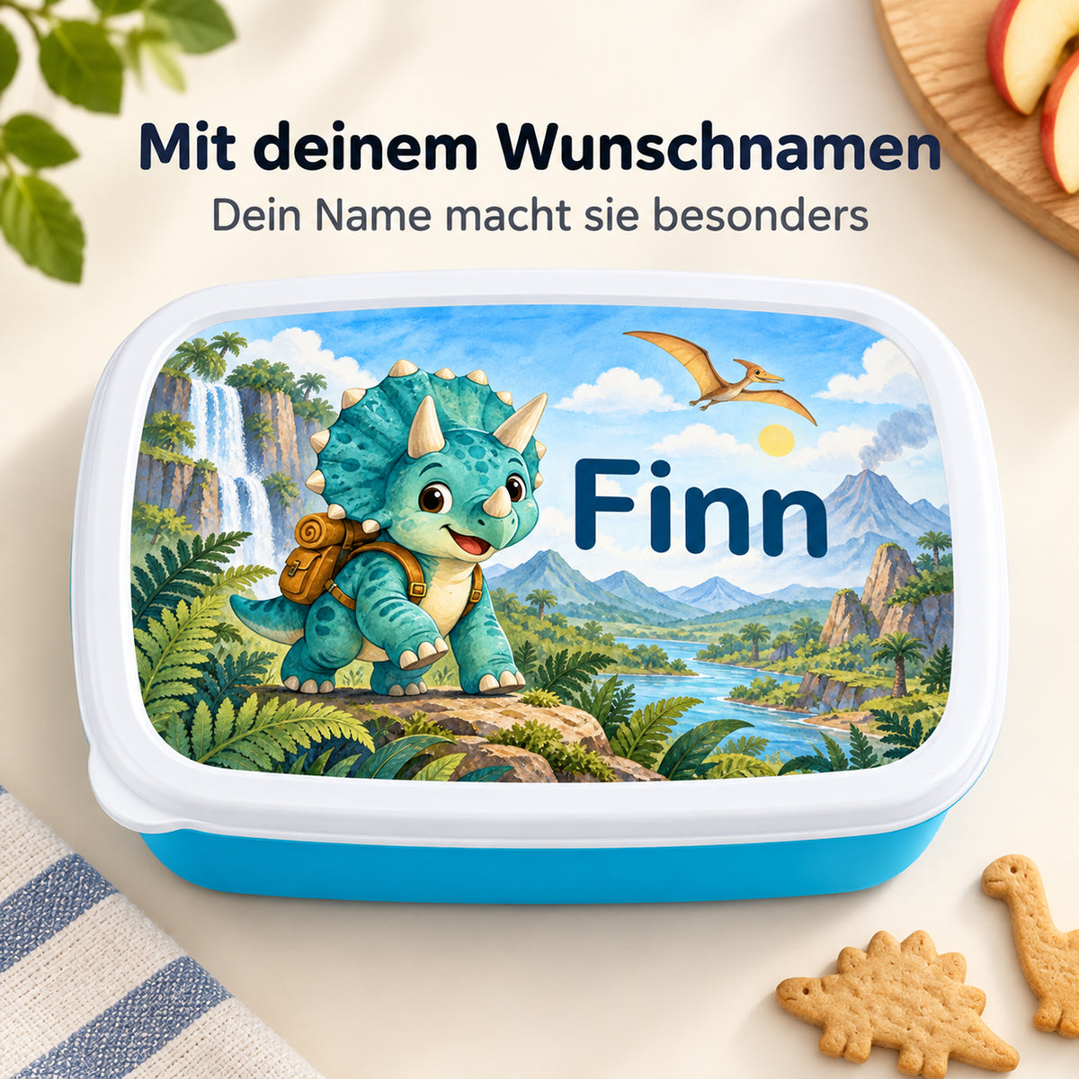 Personalisierte blaue Brotdose Dino-Entdecker mit Beispielname Finn: Personalisierung