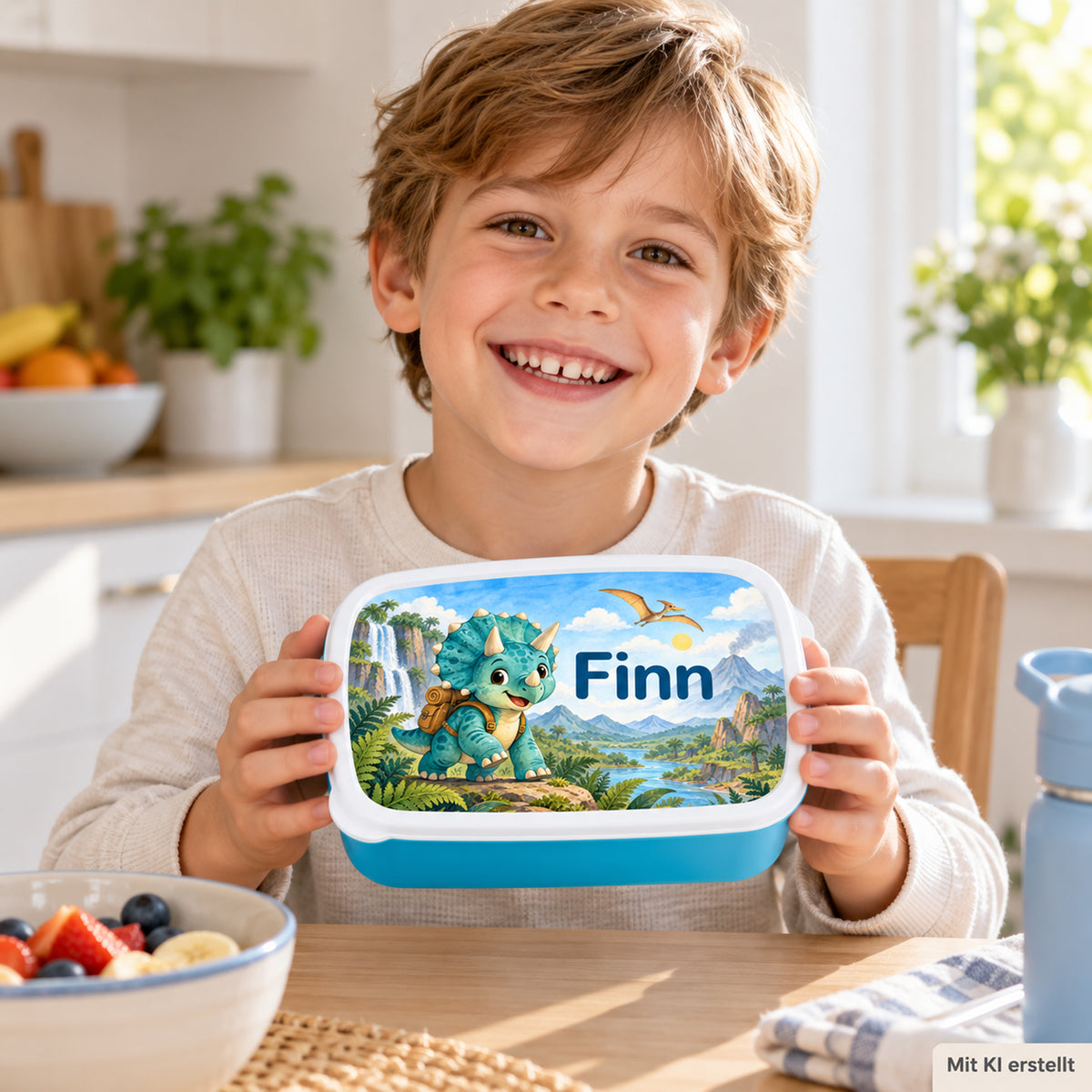 Personalisierte blaue Brotdose Dino-Entdecker mit Beispielname Finn: Brotdose im Alltag mit Kind