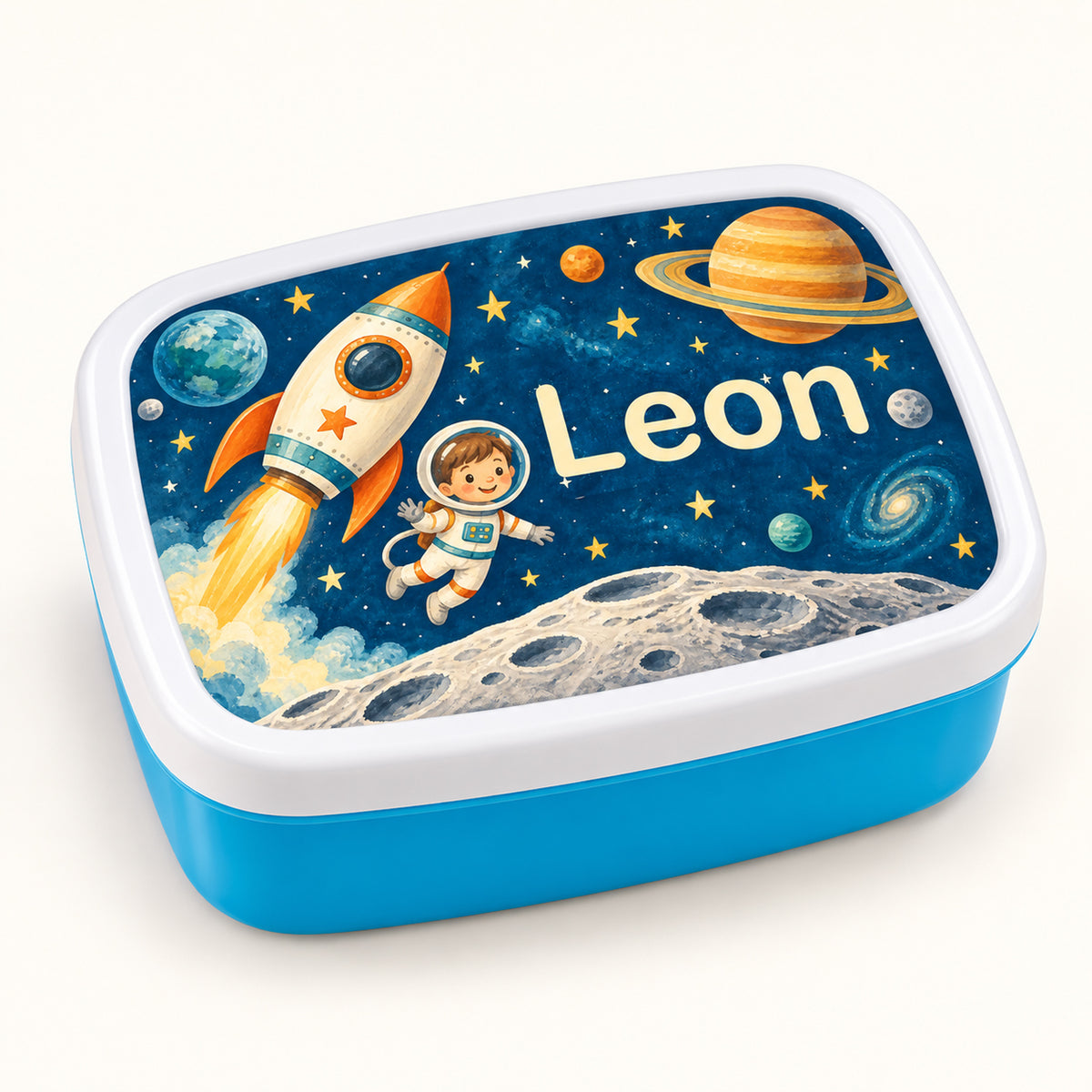 Personalisierte blaue Brotdose Weltraum-Abenteuer mit Beispielname Leon: Hauptbild