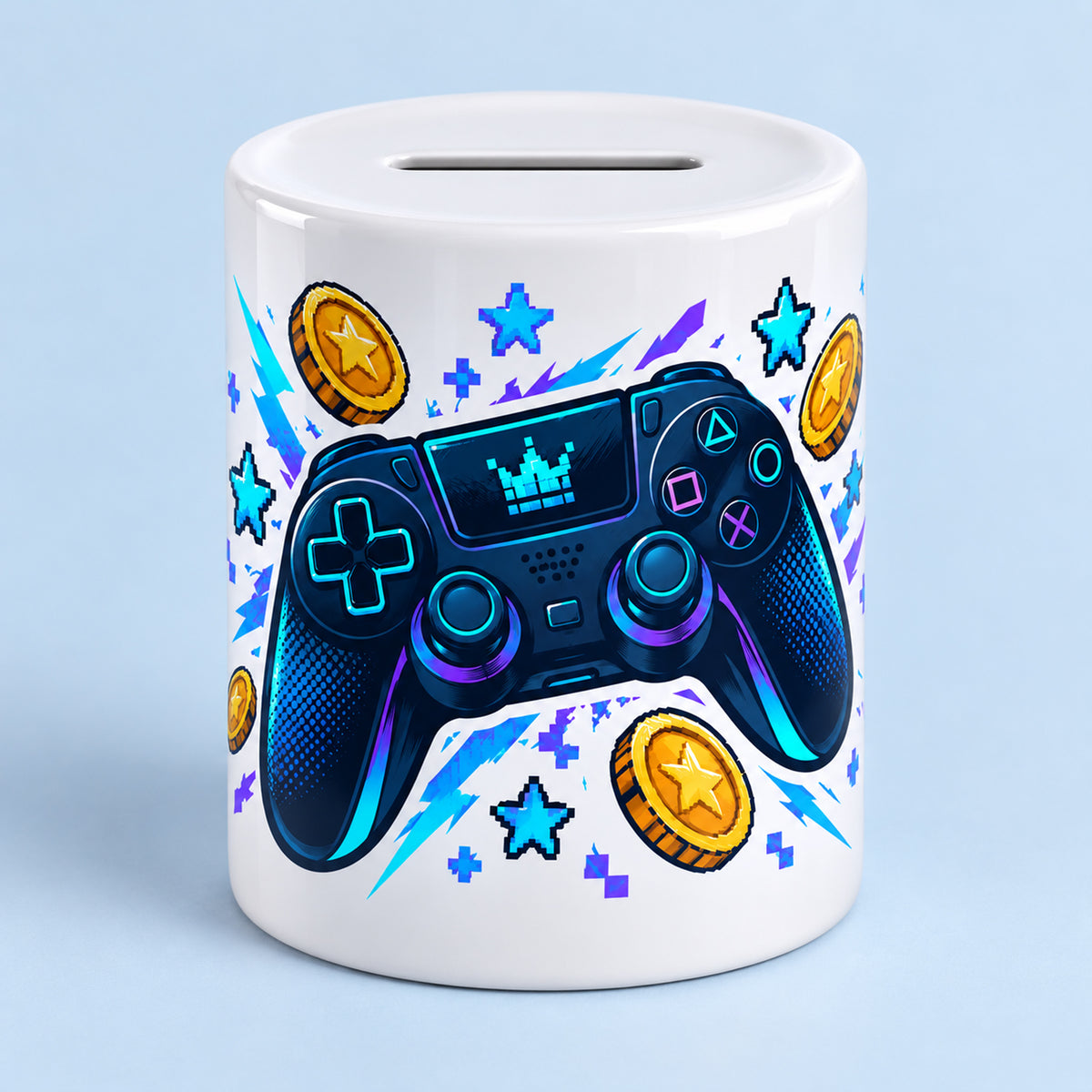 Spardose Gaming mit Namen – Level up – Hauptbild, Beispielname Noah