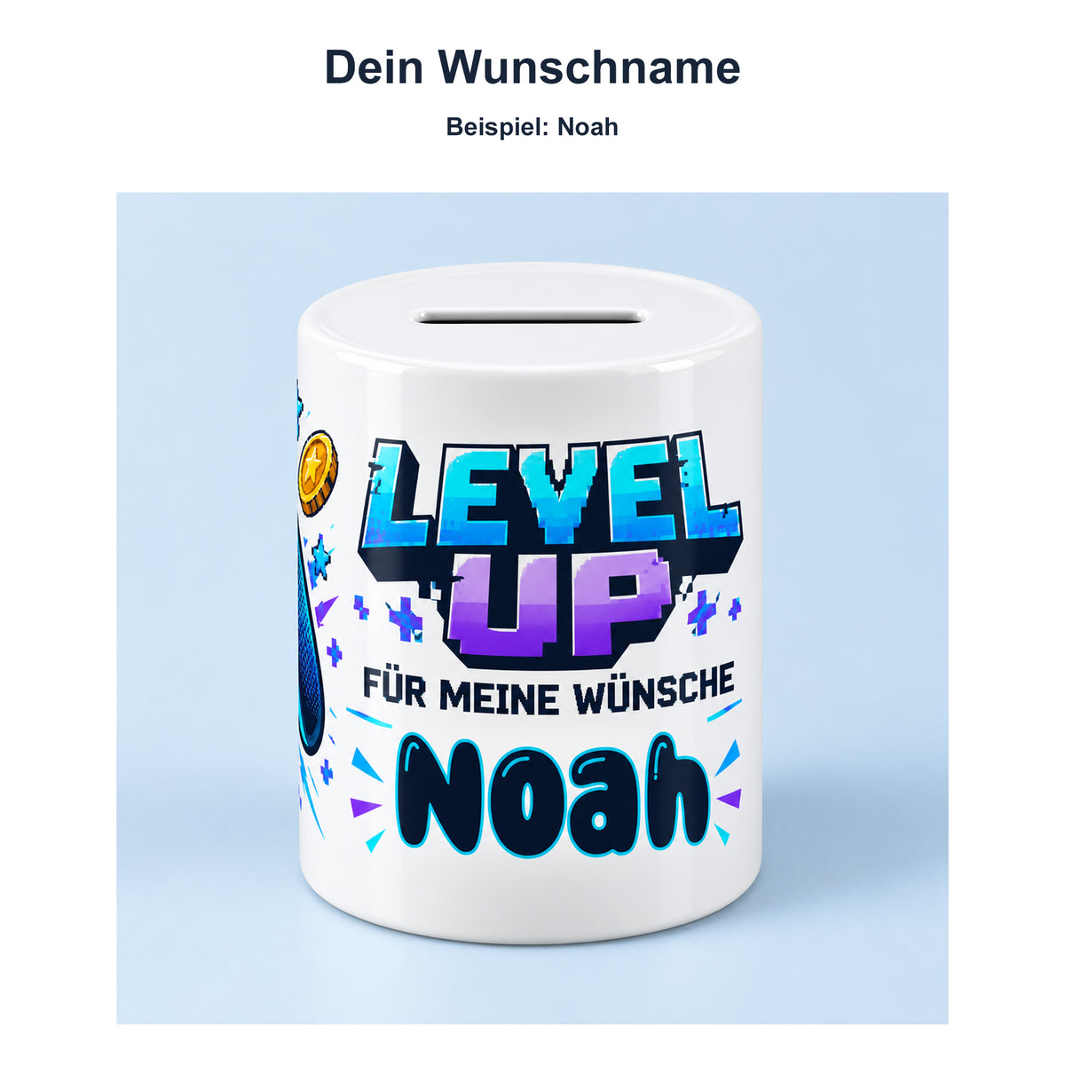 Spardose Gaming mit Namen – Level up – Wunschname, Beispielname Noah