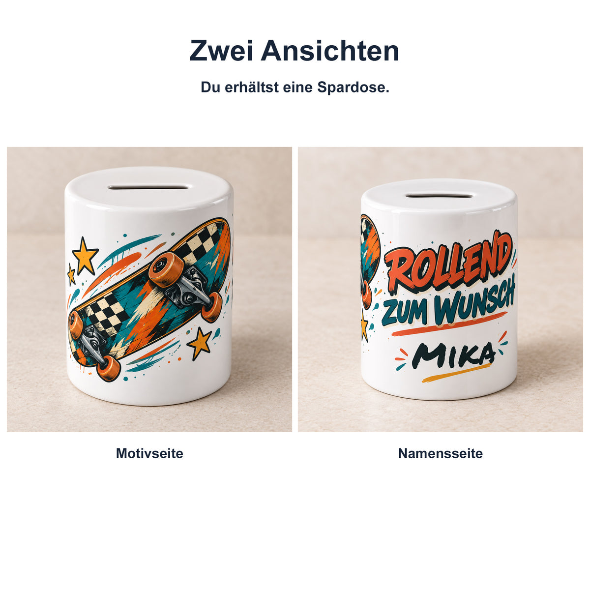 Spardose Skateboard mit Namen – Wunschziel – Zwei Ansichten, Beispielname Mika