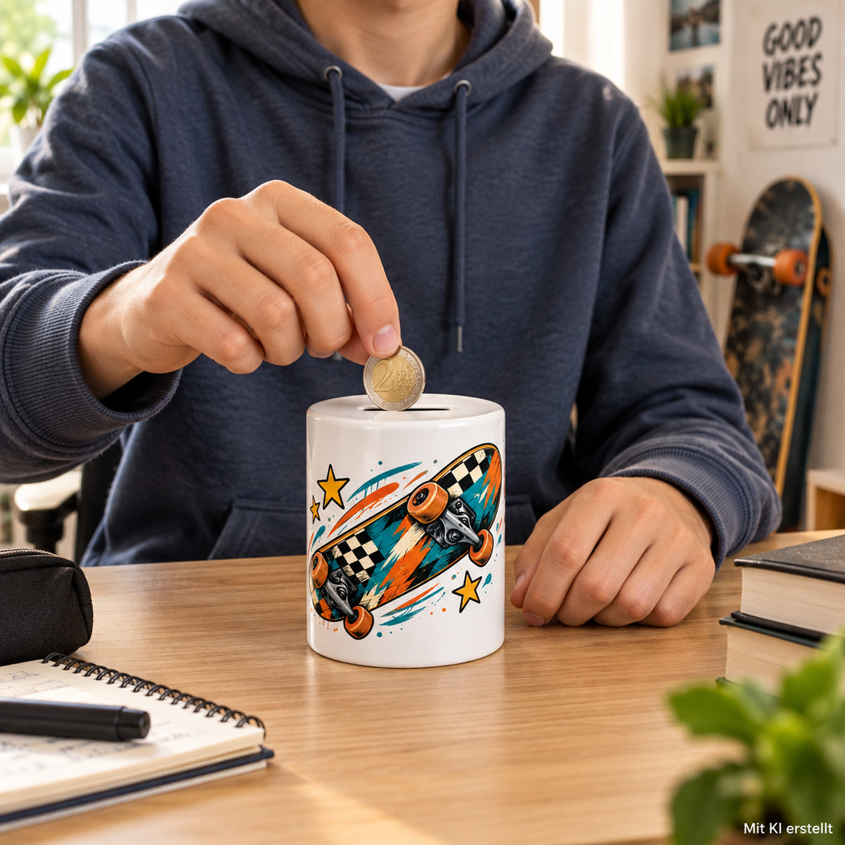 Spardose Skateboard mit Namen – Wunschziel – Beim Sparen, Beispielname Mika
