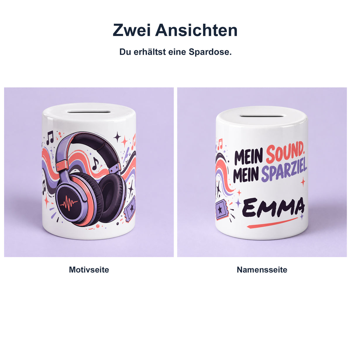 Spardose Musik mit Namen – Mein Sparziel – Zwei Ansichten, Beispielname Emma