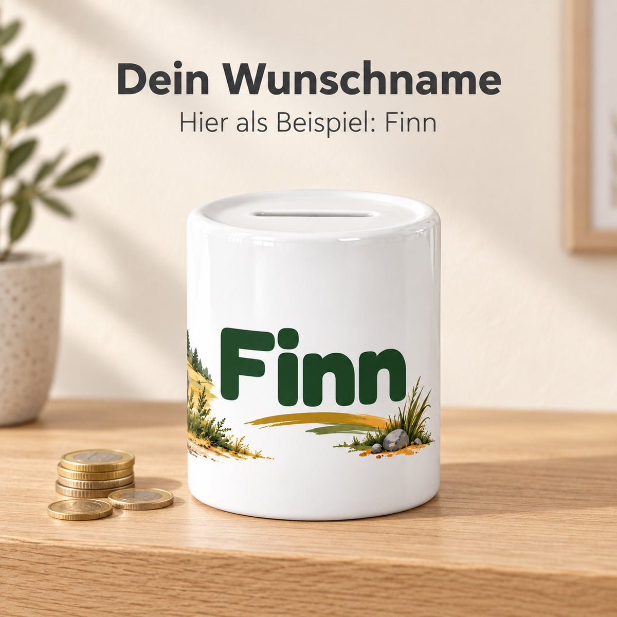 Grüner Traktor: personalisierte Keramik-Spardose, personalisierung mit Beispielname Finn