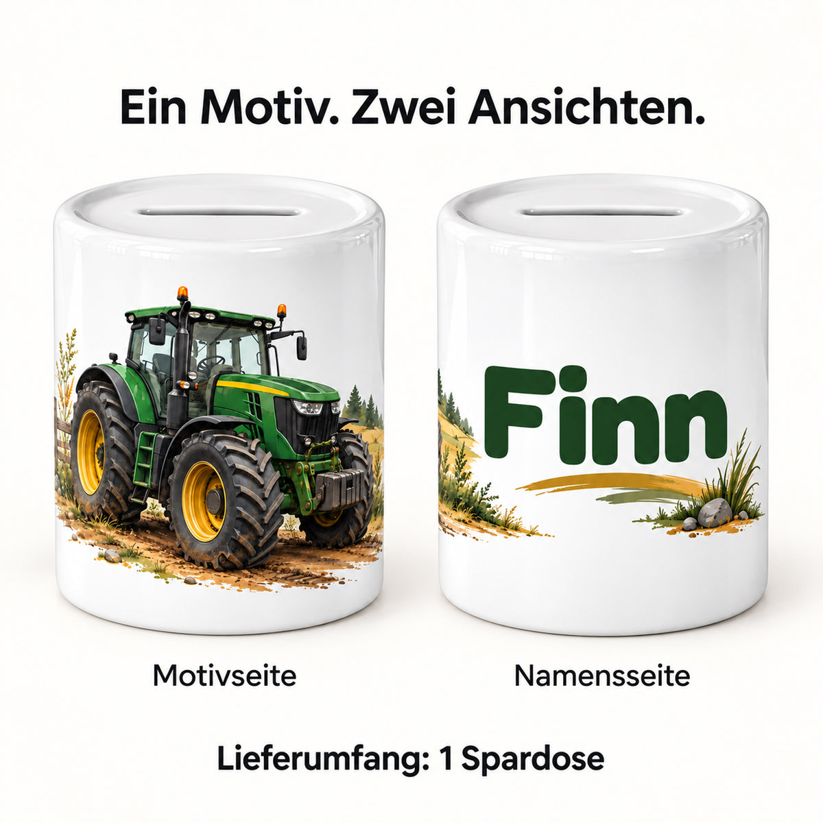 Grüner Traktor: personalisierte Keramik-Spardose, beide seiten mit Beispielname Finn