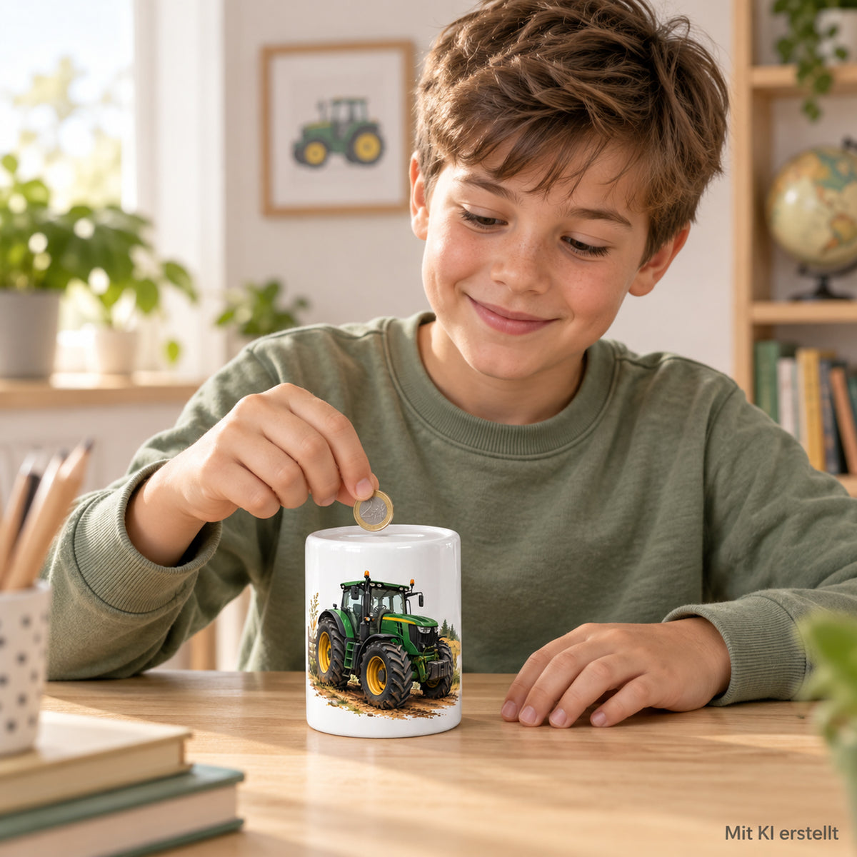Grüner Traktor: personalisierte Keramik-Spardose, beim sparen mit Kind beim Einwerfen einer Münze, mit KI erstellt