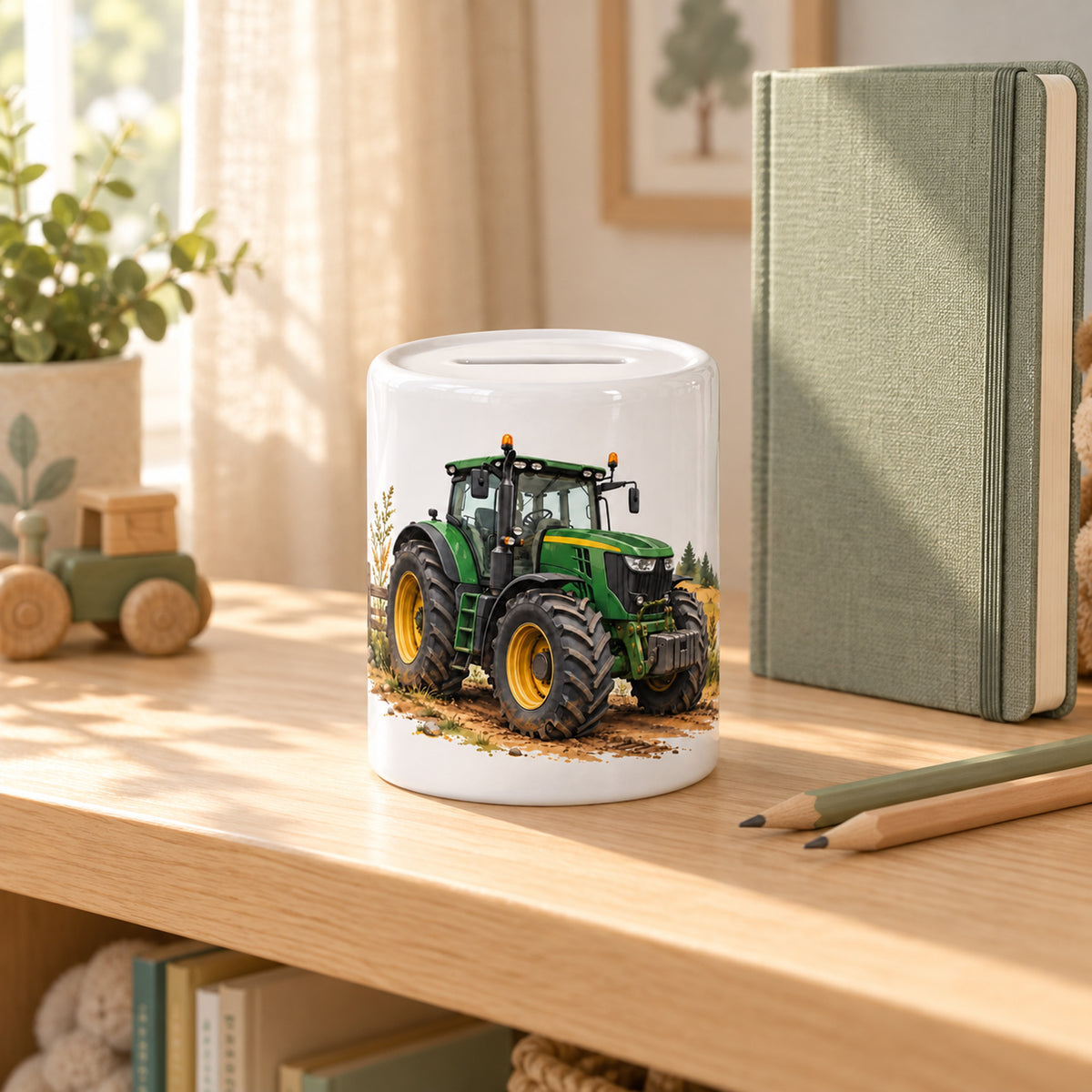 Grüner Traktor: personalisierte Keramik-Spardose, im kinderzimmer